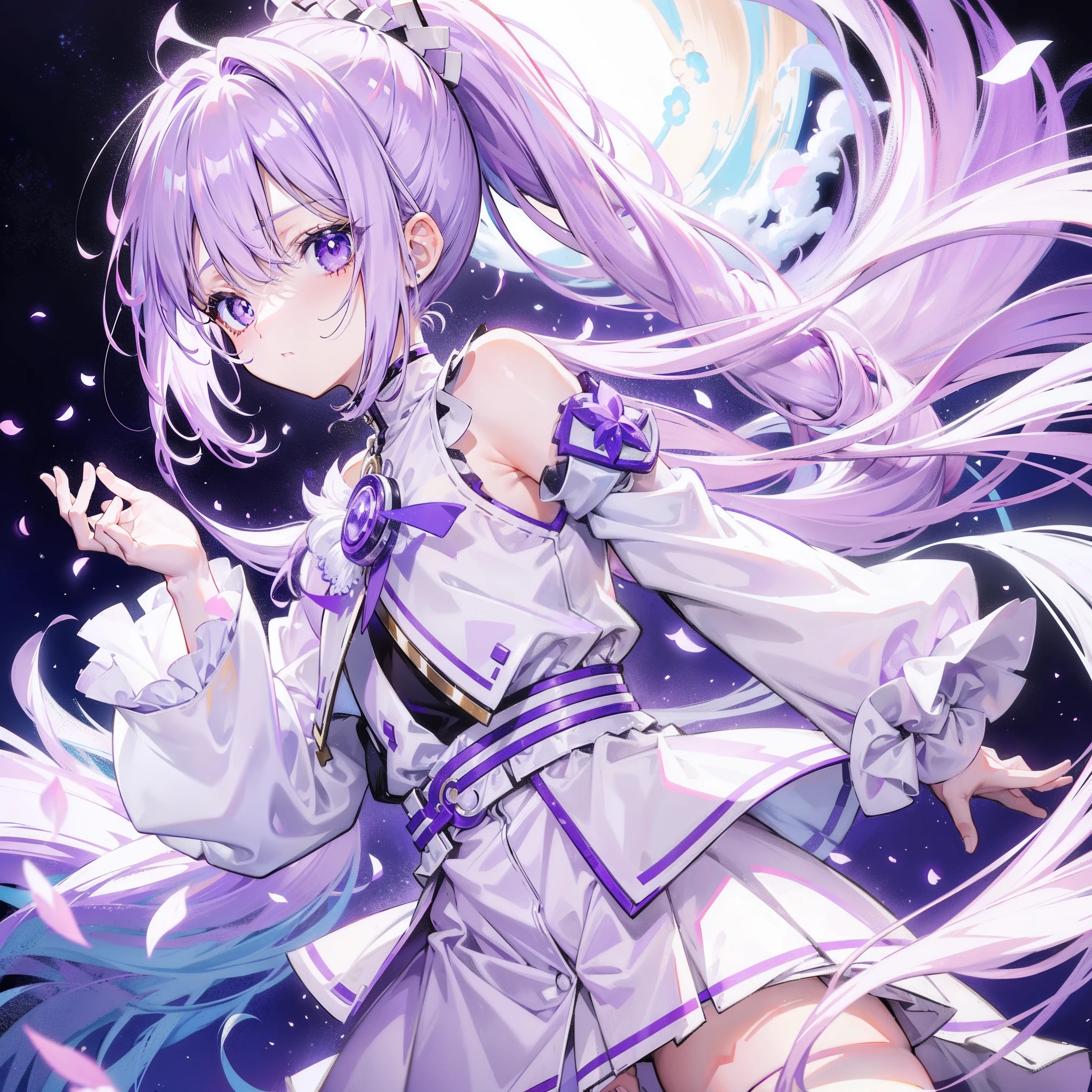 Lilac hair and ponytail，Milky white and bright light purple pupils and clothes，Petite figure，Very small, a sweet loli，It's a soft girl