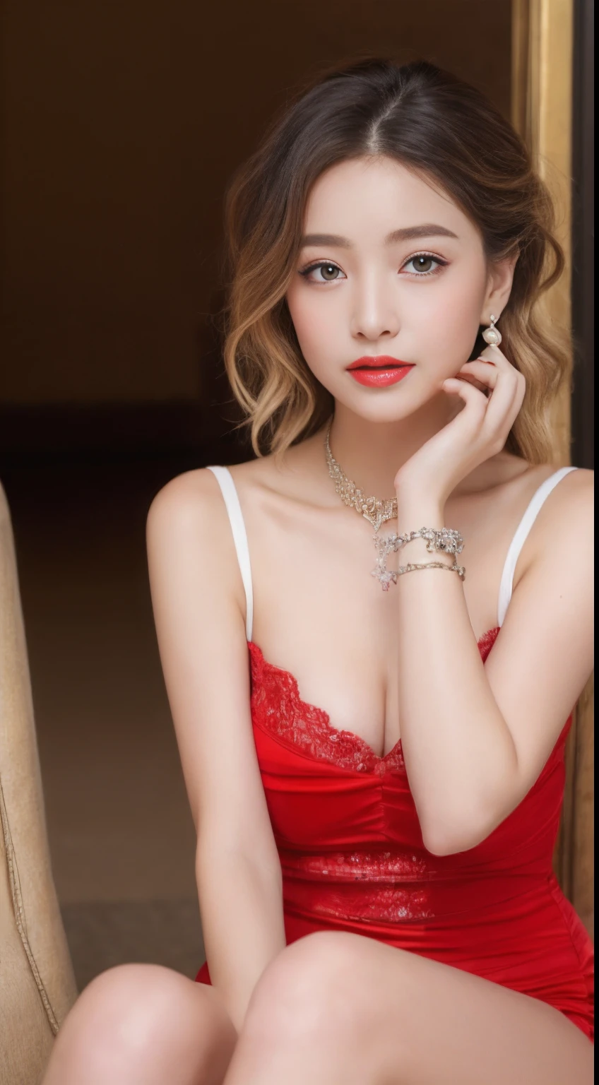 ((An ultra-high picture quality、top-quality、8k picture、​masterpiece:1.3))、Crisp focus:1.2、Beautiful woman with perfect body shape:1.4、The most beautiful face、Super Slender、abdominals:1.2、((blonde  hair、a blond、medium cut、Beautiful breasts:1.2、tchibi、))、Perfect blonde、a wet body:1.5、Very delicate skin texture、A detailed eye、二重まぶた、Russian、 student、Russian 15 yfect five-finger、Delicate and perfect hands、perfect arms、perfect leg、perfect foot、night city background、Inside a luxury cabaret、perfect  eyes、Perfect makeup、red-lips、A slight smil、open the legs widely、Delicate hair、skinny  body、Ganimata leg opening、Hands behind the body、bich、high quality make up、Gorgeous and elegant hair、Bewitching face、Best Makeup、The cutest beauty in the world、Best Hair Styling、Stylish hair and makeup、The sexiest in the world、Sleepy face、(Gorgeous and elegant finest red dress、)The finest red dresses、Wear hair ornaments、Simple piercing、Glamorous atmosphere、Wear high-end high heels、Wear a luxurious necklace、Short stature、tchibi、Infant face、Wearine most glittering luxury bracelet、Wearing a diamond anklet、Gentle face、Bun Hairstyles、Young Face、Innocence、Overall dark、Lori face、a baby face、Sexy Cabarexy face、Sexy little girl、Chic and classy d、Everything is very beautiful、Lace panties、Corset Dresses、