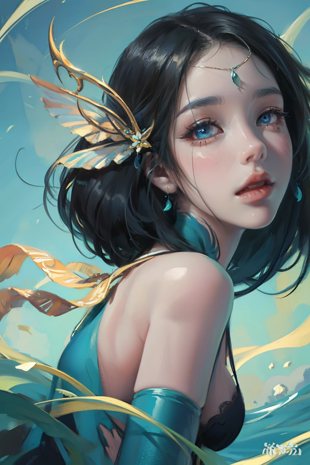 Mermaids in the deep sea，Cyan fish tail，Guviz，Fantasy art style, beautiful fantasy maiden，perfect bodies，Exquisite and perfect facial features，美丽细致的眼睛，long eyelasher，Delicate eyeliner，Blue eyes，Dark pupils，There are bright spots in the eyes，almond eyes，Beautiful lip details，8K high-definition，anatomy correct，Oil painting thick painting style