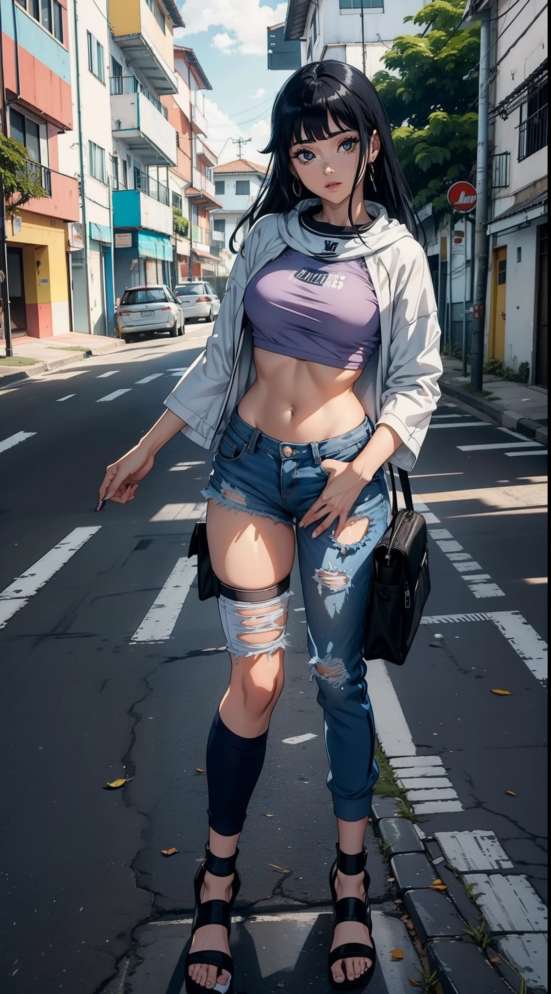 Hinata Hyuga usando roupas curtas, Bunda Grande, pernas grossas, Funkeira, Brasileira, extremamente sexy, rebolando, dancing funk, short curto, mostrando metade da bunda, bunda Grande, pernas grossas, cabelos longos, Nike Air Jordan sneakers, idade entre 18 a 20 anos, volkswagen Saveiro no fundo, com som ligado, alto falantes, in the city of Balneário Camboriú in Brazil