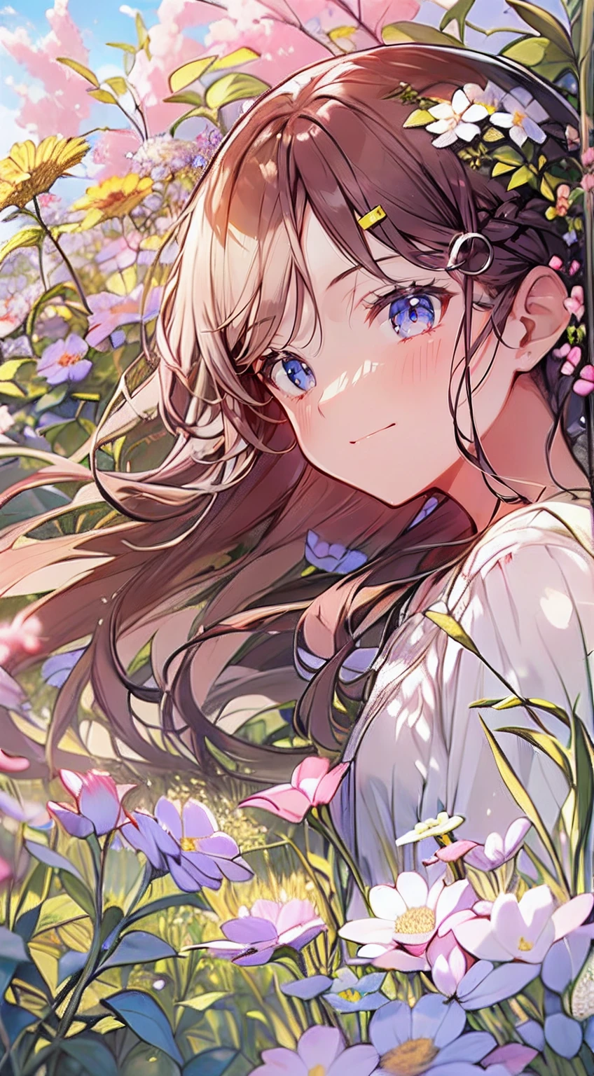 masutepiece, Best Quality,Illustration, Wallpaper, Ultra Detail, Absurd beauty、1 beautiful girl、 (Semi-long hair、short braided hair), Beautiful ultra-detailed eyes , Hair fluttering in the wind、Keep your head small、flower  field、great outdoors、Landscape of the flower garden