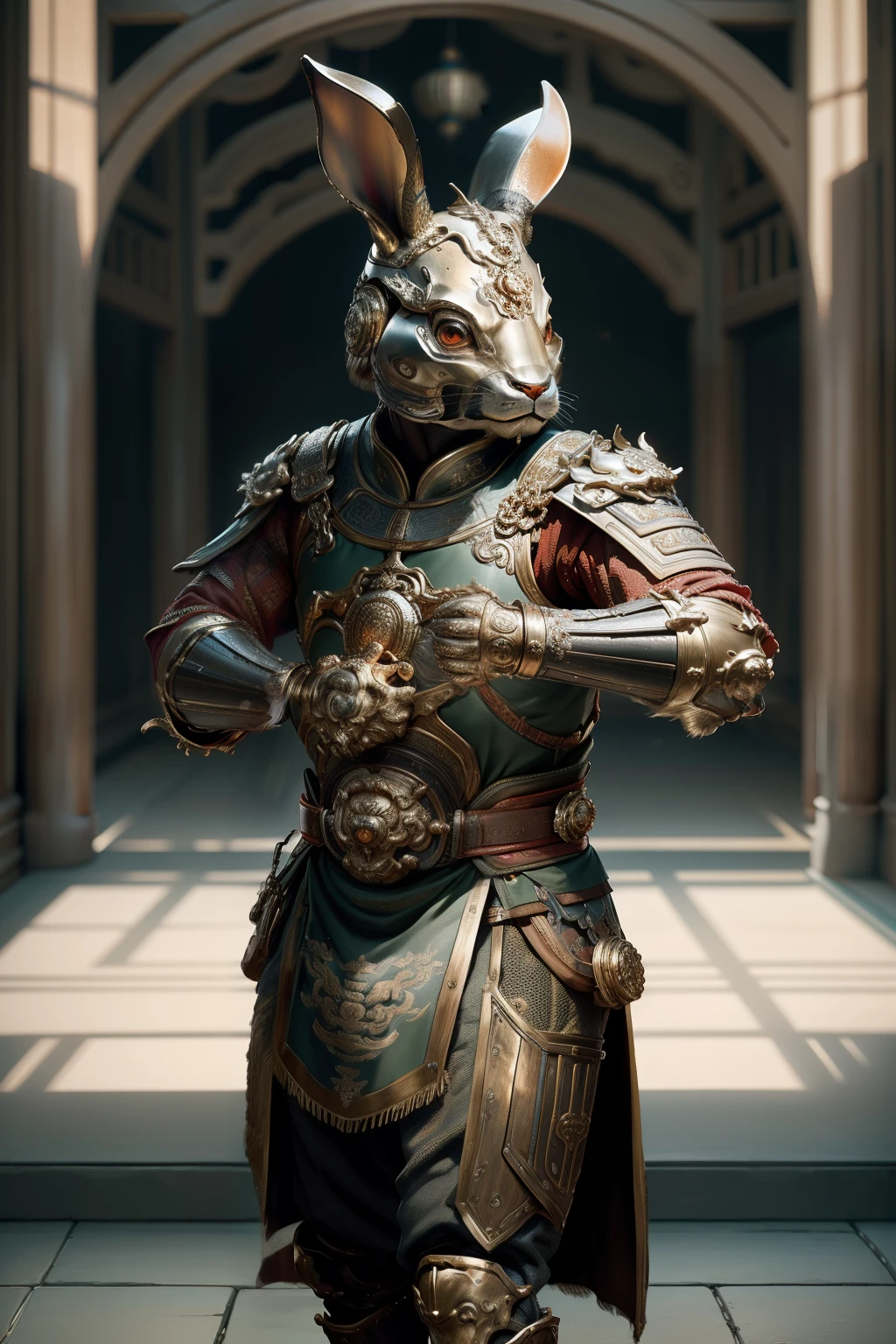 Cubism, chiaroscuro, ray tracing, Sony FE GM, close-up, move chart, UHD, anatomically correct, masterpiece, textured skin, super detail, high quality, 16k, highres，Red-eyed bronze robot rabbit，Wearing bronze Chinese armor, Put on a fighting stance，The background is the porch of an ancient Chinese palace