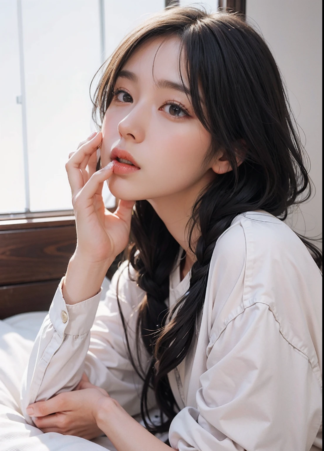 (top-quality:0.8)、(top-quality:0.8)、perfect anime illustration)、(64k uhd、Raw photography、top-quality、masterpiecel1.4)、(realisitic、Photorealsitic:1.37)、()、（Mouth stem）、(Deep throating)、((Relax in the bedroom without clothes))、Look up and see the man's face、Extreme closeup of Japan girl sucking with realistic male genitalia in mouth、[[Look up and see the man's face、Extreme close-up of Japan girl sucking realistic male genitalia]]、[[Look up and see the man's face、Extreme closeup portrait of Japan girl sucking to the root with realistic male genitalia in her mouth]]、[[Look up and see the man's face、Extreme closeup of Japan girl sucking man's realistic genitals to the root]]、Realistic male genitalia、Male genitals、Bird's eye view of males、Sex Expressions、 NSFW