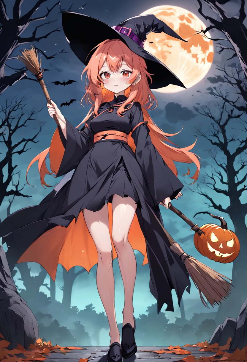 Full body Japanese Anime girl Halloweeen witch standing with witch broom front of orenge full moon and tree, bats flying around, 1girl, sexy, smirking, pink hair, green eyes, wearing witch hat and witch outfit, sexy outfit, masterpiece,Vector 2D, Black outline, No background