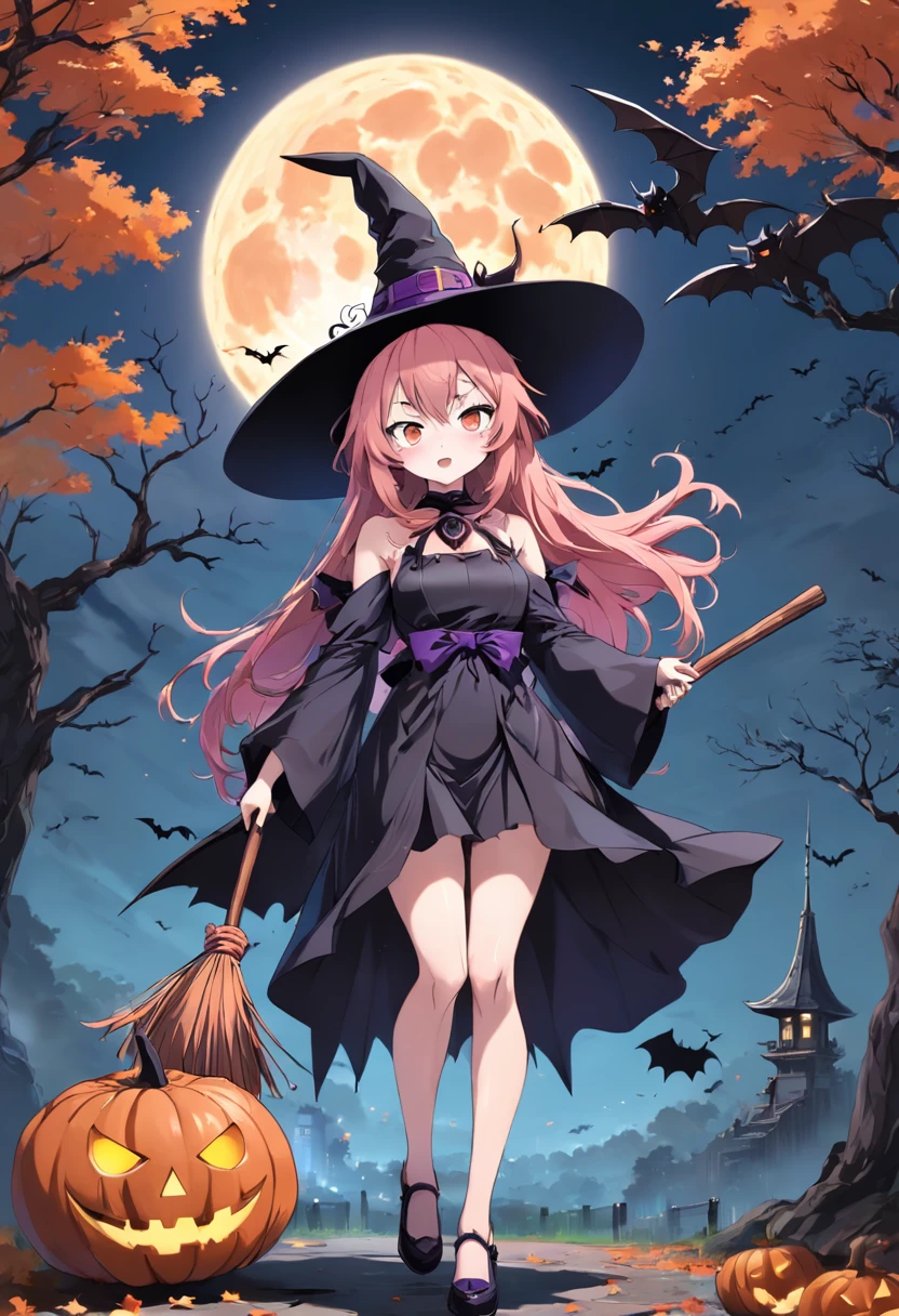 Full body Japanese Anime girl Halloweeen witch standing with witch broom front of orenge full moon and tree, bats flying around, 1girl, sexy, smirking, pink hair, green eyes, wearing witch hat and witch outfit, sexy outfit, masterpiece,Vector 2D, Black outline, No background