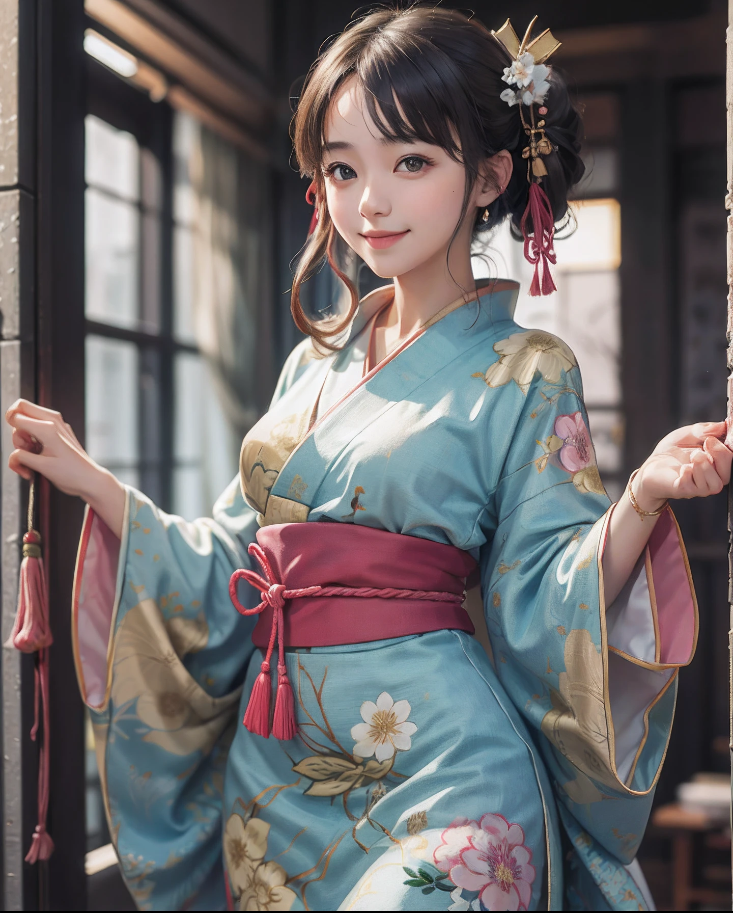 masterpiece, highres, best quality, 1girl solo, kamisato_ayaka, smile, kimono