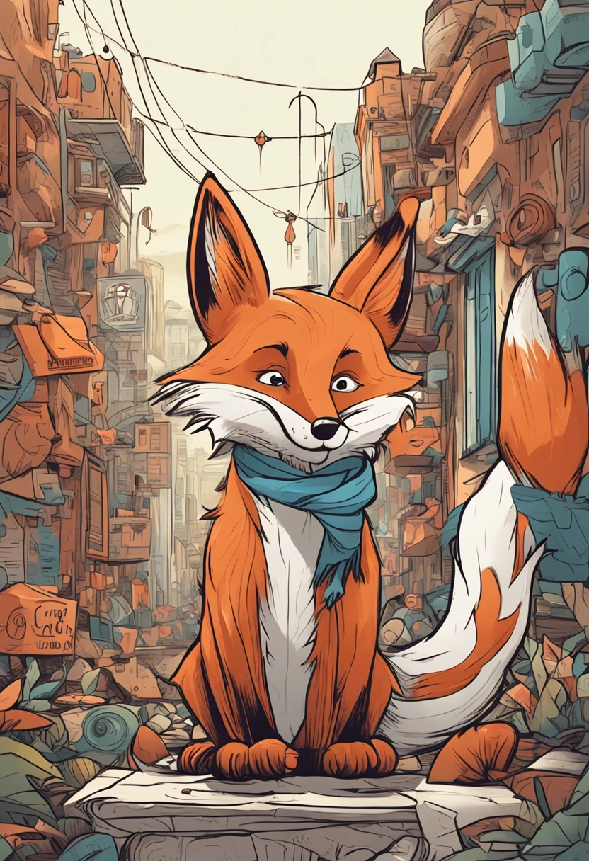 A cartoon fox in a blue shirt and white pants