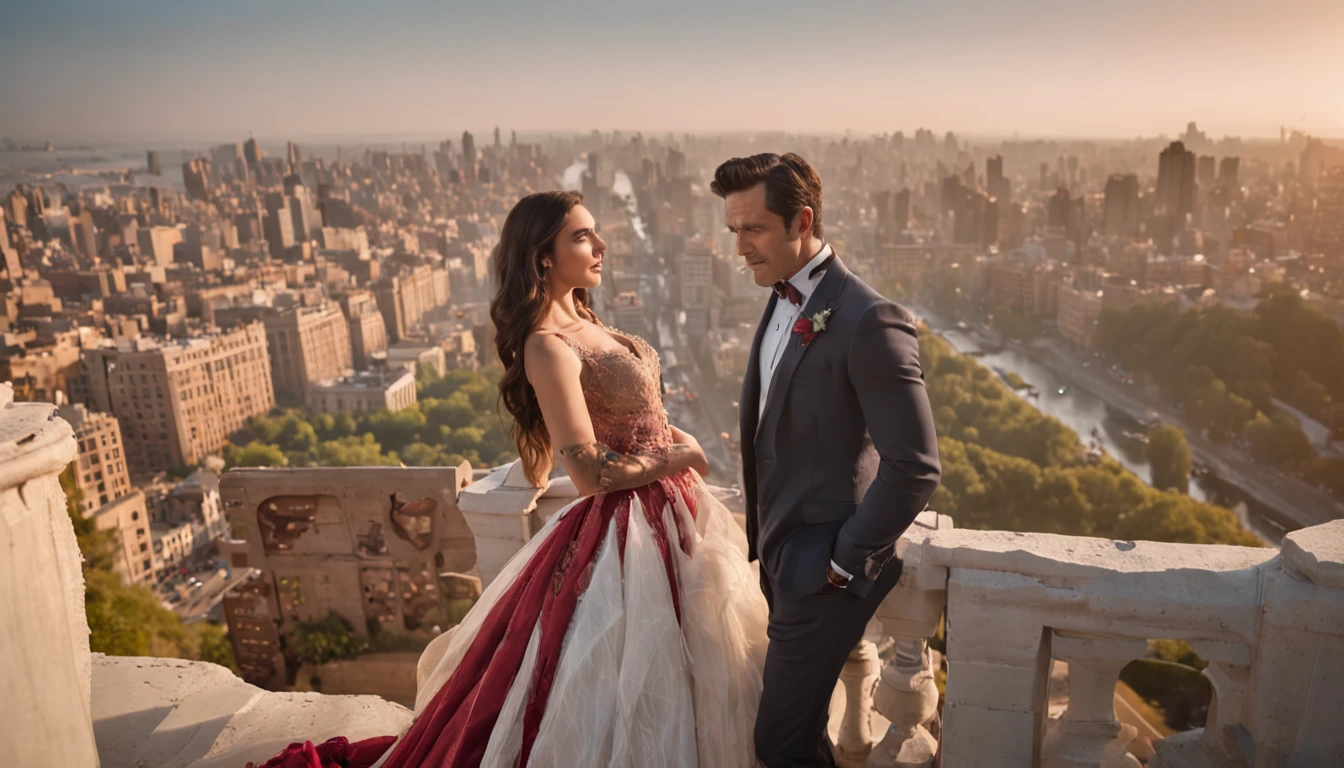 Frame a breathtaking aerial shot of Wonder Woman and the Hulk, standing atop a majestic cliff overlooking a vibrant cityscape. Utilize a DJI Inspire 2 drone with a Zenmuse X7 camera, pairing it with a 24mm prime lens to capture a wide-angle view that encompasses both the couple and the sprawling metropolis. Embrace the warm glow of sunset, allowing the golden hour light to bathe the scene in a romantic ambiance. Incorporate a vibrant color palette inspired by the comic book origins of both characters, infusing the image with bold and vivid tones. Capture the majesty of their unique bond in hyper-realistic detail, ensuring every part of their elegant attire is impeccably showcased in this high-resolution 16k image.