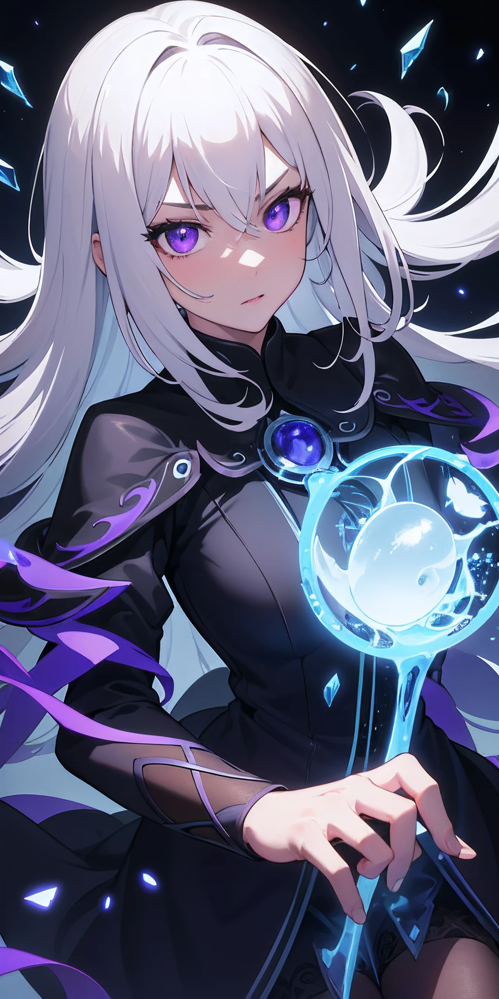 (masterpiece, best quality, ultra-detailed, best shadow), (detailed background,dark fantasy), (beautiful detailed face), high contrast, (best illumination, an extremely delicate and beautiful), ((cinematic light)), colorful, hyper detail, dramatic light, intricate details, (1girl, solo,white hair, sharp face,purple eyes, hair between eyes,dynamic angle), blood splatter, swirling black light around the character, depth of field,black light particles,(broken glass),magic circle,