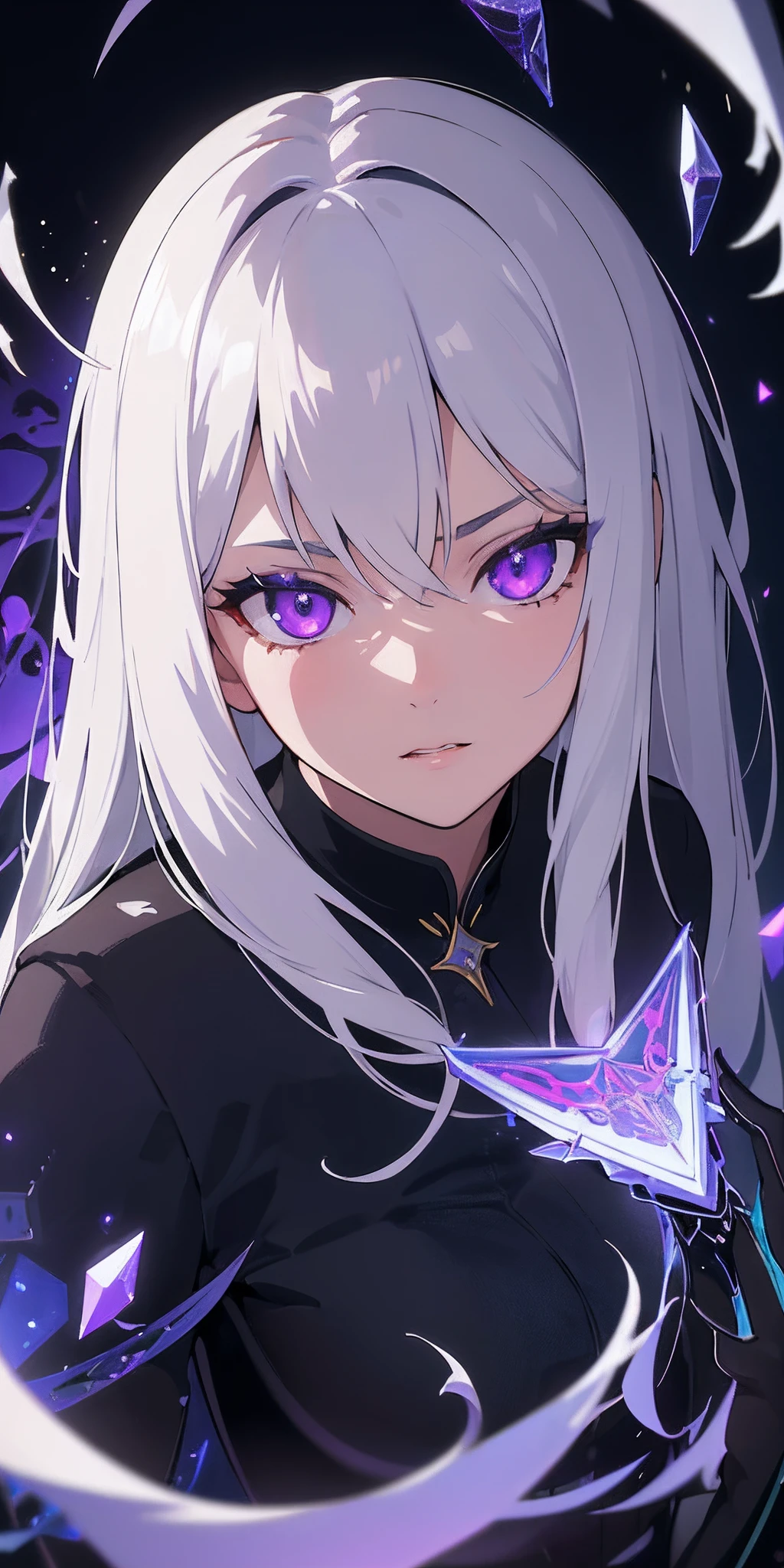 (masterpiece, best quality, ultra-detailed, best shadow), (detailed background,dark fantasy), (beautiful detailed face), high contrast, (best illumination, an extremely delicate and beautiful), ((cinematic light)), colorful, hyper detail, dramatic light, intricate details, (1girl, solo,white hair, sharp face,purple eyes, hair between eyes,dynamic angle), blood splatter, swirling black light around the character, depth of field,black light particles,(broken glass),magic circle,