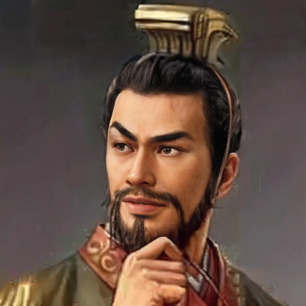 One with a beard，A man with a crown on his head, bian lian, chinese three kingdoms, by Xuande Emperor, Guan yu, Inspired by Zhao Yuan, Inspired by Huang Shen, Inspired by Cao Zhibai, Pointed chin, xianxia hero, inspired by Dong Yuan, inspired by Li Kan, inspired by Xuande Emperor