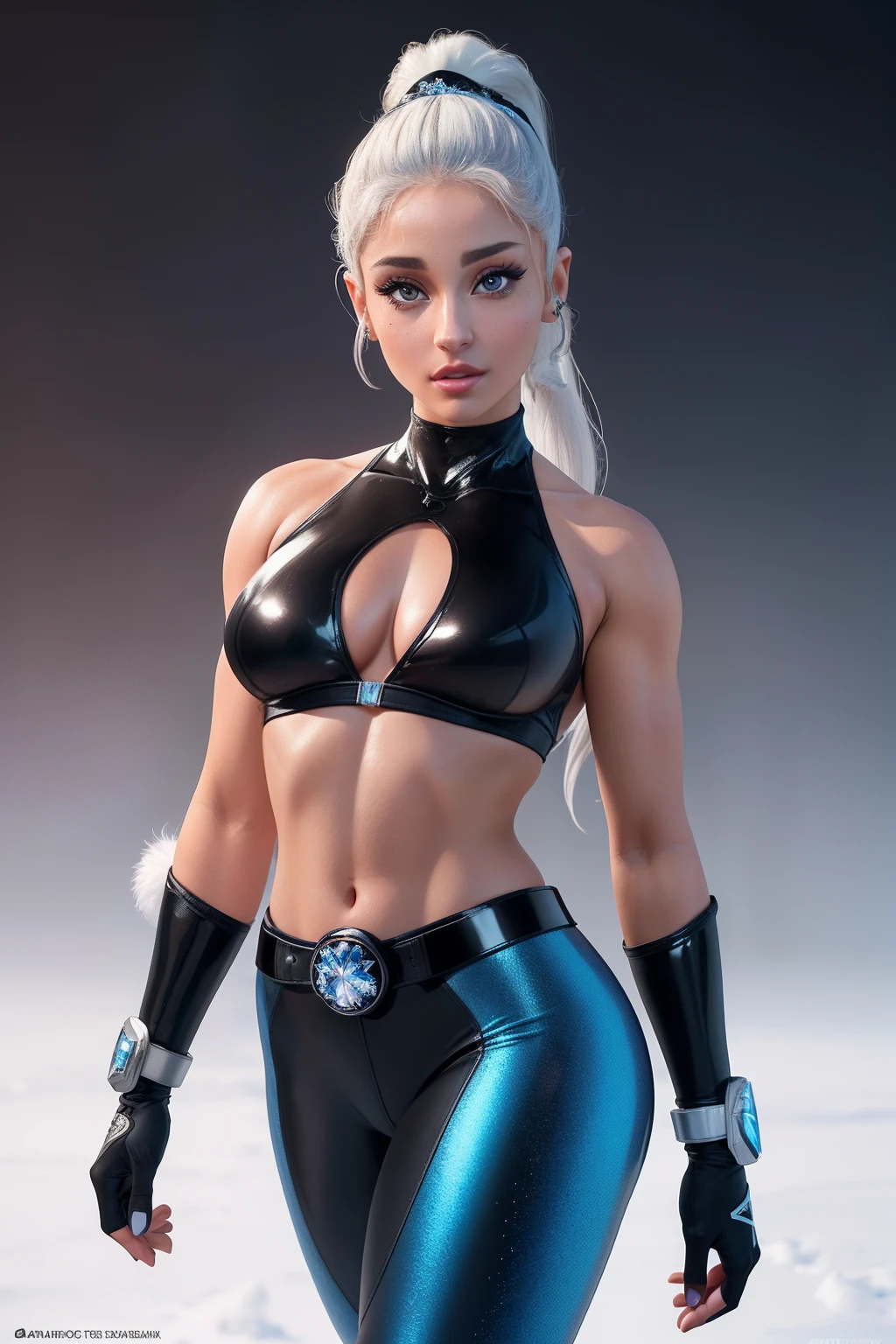 ( Masterpiece, 4k resolution, ultra-realistic, very detailed) sexy Sexy Ariana Grande beautiful superheroine, has ice powers, white hair ponytail , back midriff with blue outlines and a snowflake symbol on her right, has black gloves with fur on her the wrist part, wears black tight pants, with a blue belt, blue lines () full body in the style of realism, glistening skin, , natural lighting, Defined full lips. fitness feminine body. portrait photography by artgerm, in the style of realism, glistening skin, , natural lighting, Defined full lips. Muscular fitness feminine body,