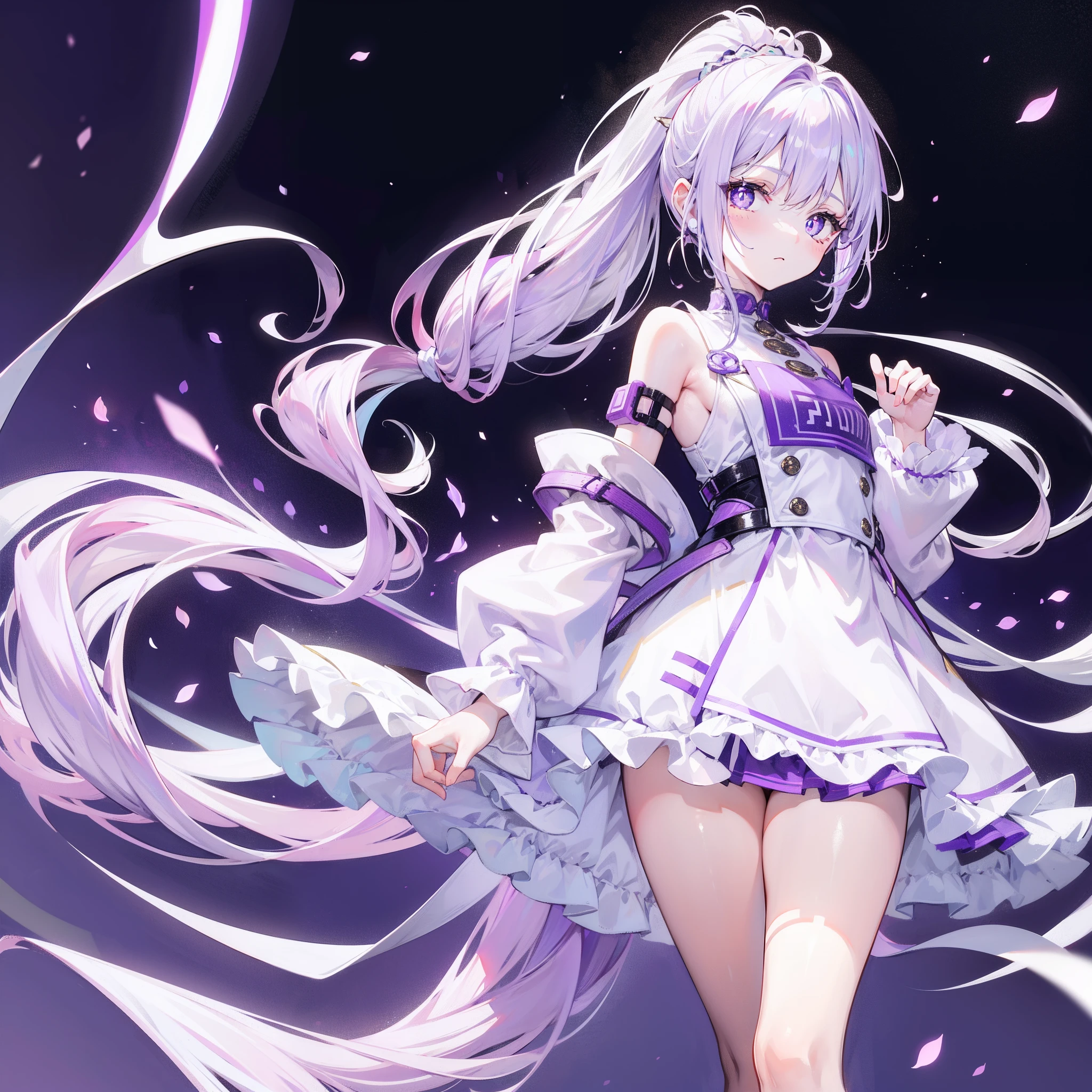 Lilac hair and ponytail,Milky white and bright light purple pupils and clothes,Petite figure,Very small, a sweet loli,It's a soft girl