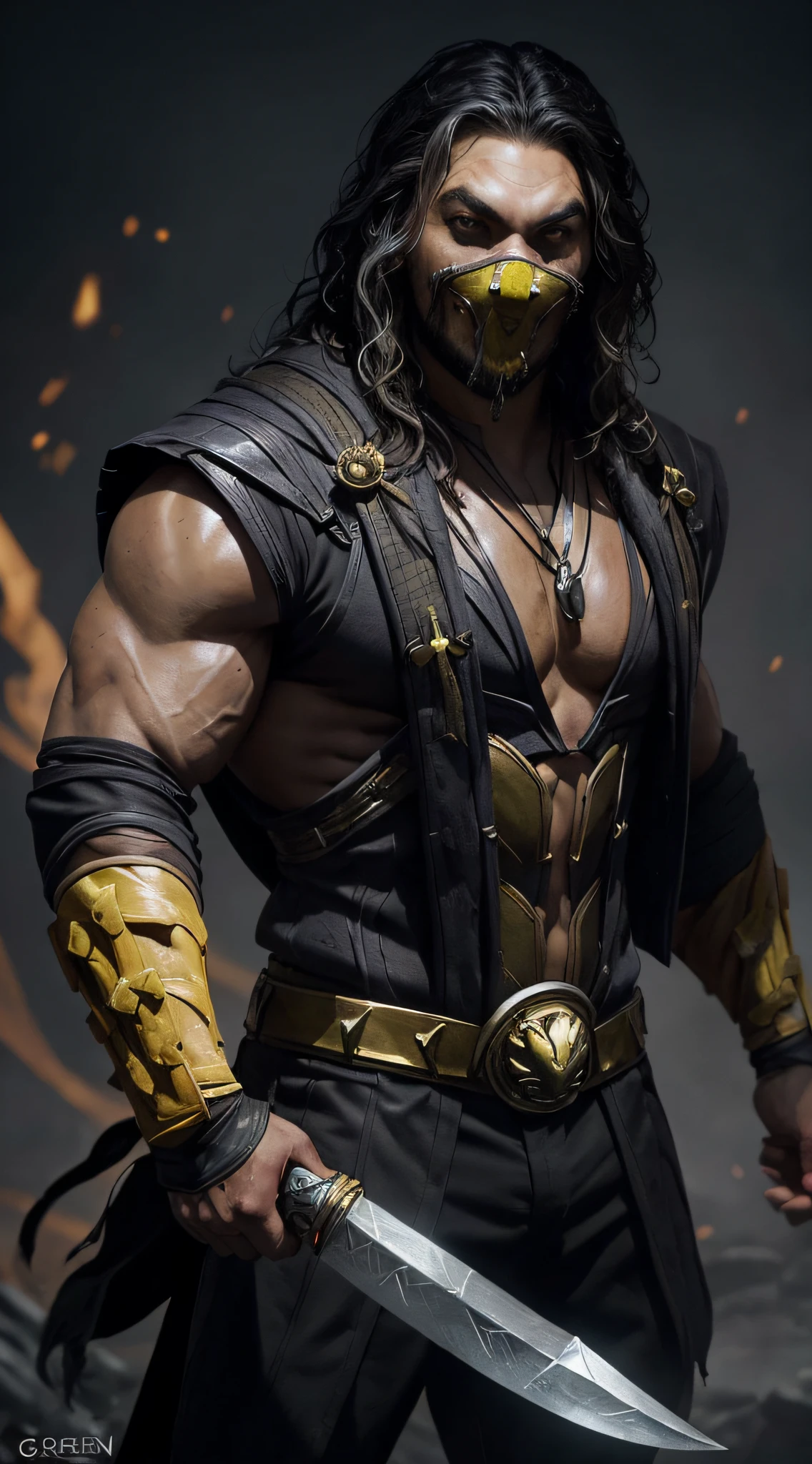 a photo of ((Jason Momoa)) as ((Scorpion)) from Mortal Kombat, yellow and black ninja outfit, (skull-like mask), kunai on a chain, Intricate, High Detail, Sharp focus, dramatic, photorealistic painting art by greg rutkowski