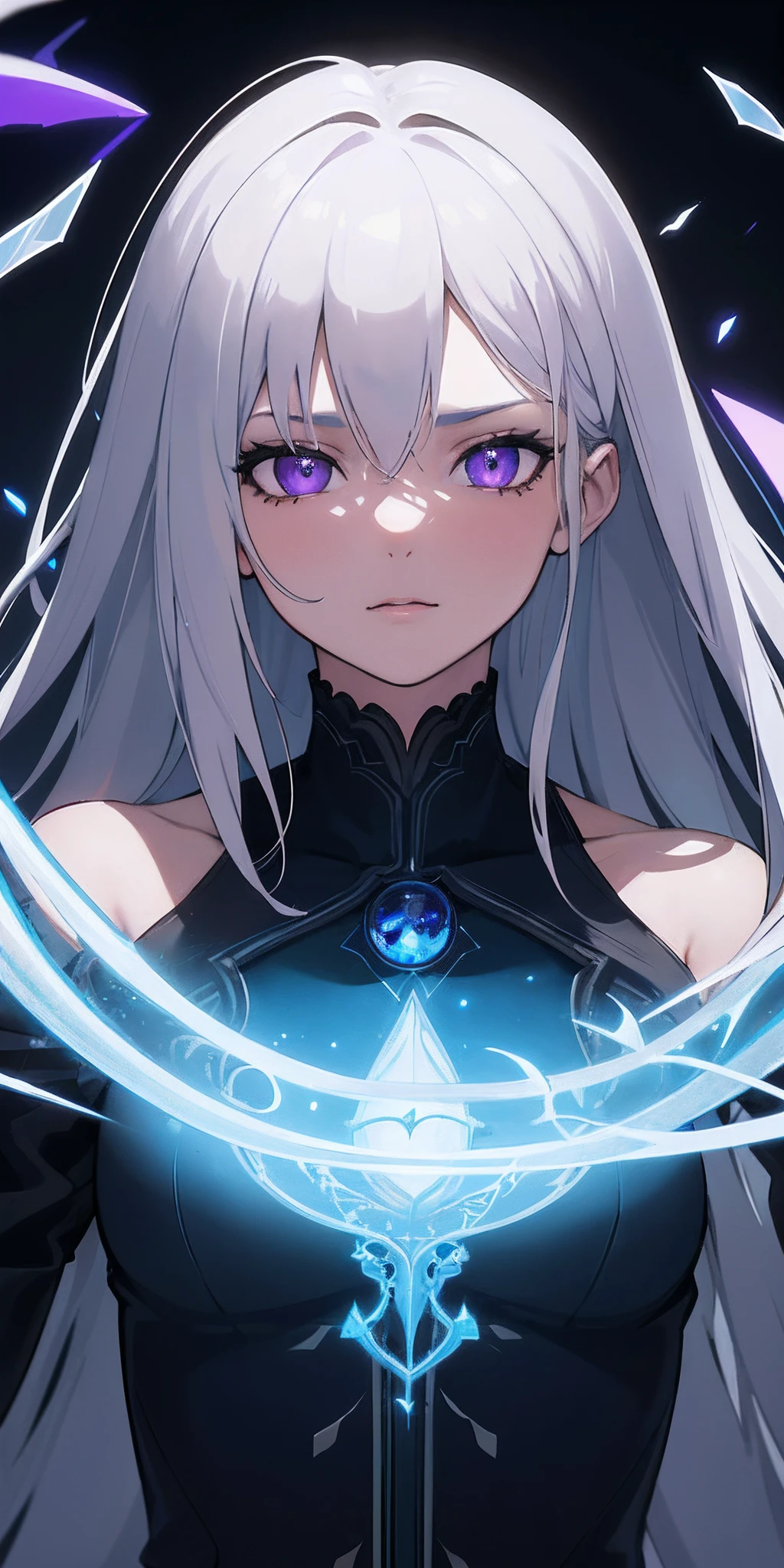 (masterpiece, best quality, ultra-detailed, best shadow), (detailed background,dark fantasy), (beautiful detailed face), high contrast, (best illumination, an extremely delicate and beautiful), ((cinematic light)), colorful, hyper detail, dramatic light, intricate details, (1girl, solo,white hair, sharp face,purple eyes, hair between eyes,dynamic angle), blood splatter, swirling black light around the character, depth of field,black light particles,(broken glass),magic circle,
