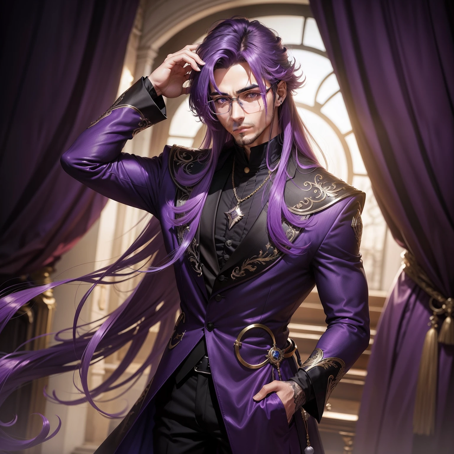 Homem de cabelo roxo, olhos roxo, eyeglass, cabelo longo espetado, roupa de mago roxo, cajado