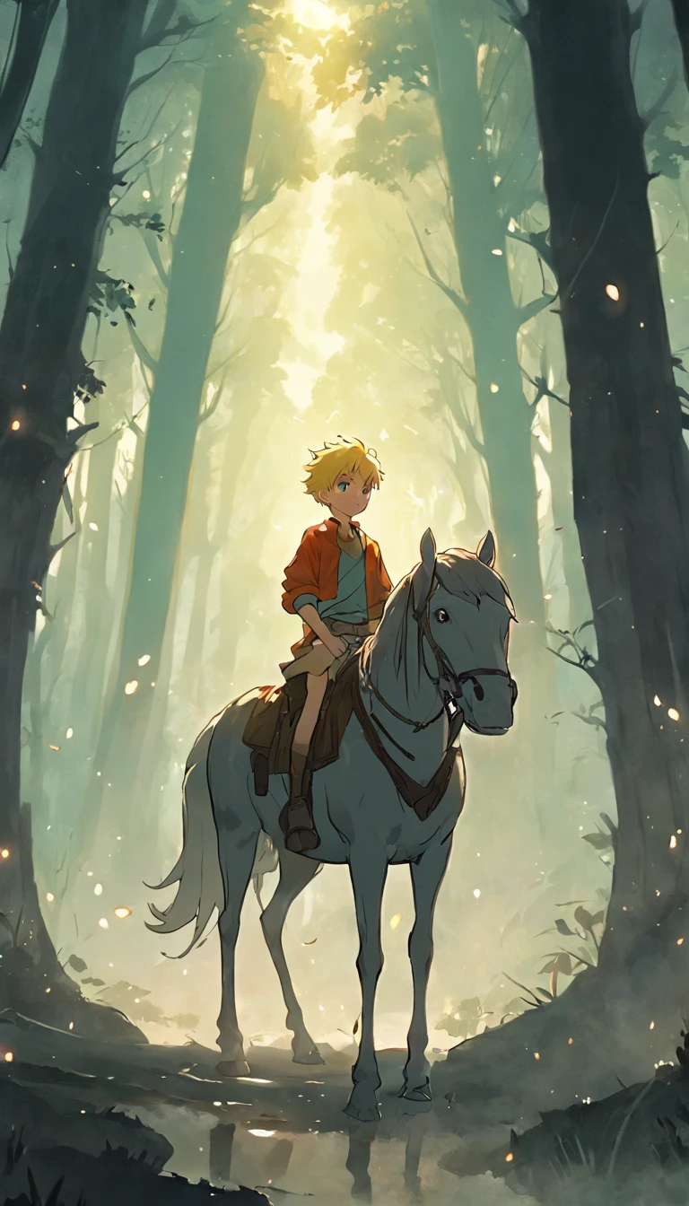 The prince rides a horse,Face the dark mysterious forest。He looked determined,Get ready for adventure。The forest is surrounded by mysterious lights and misty trees。