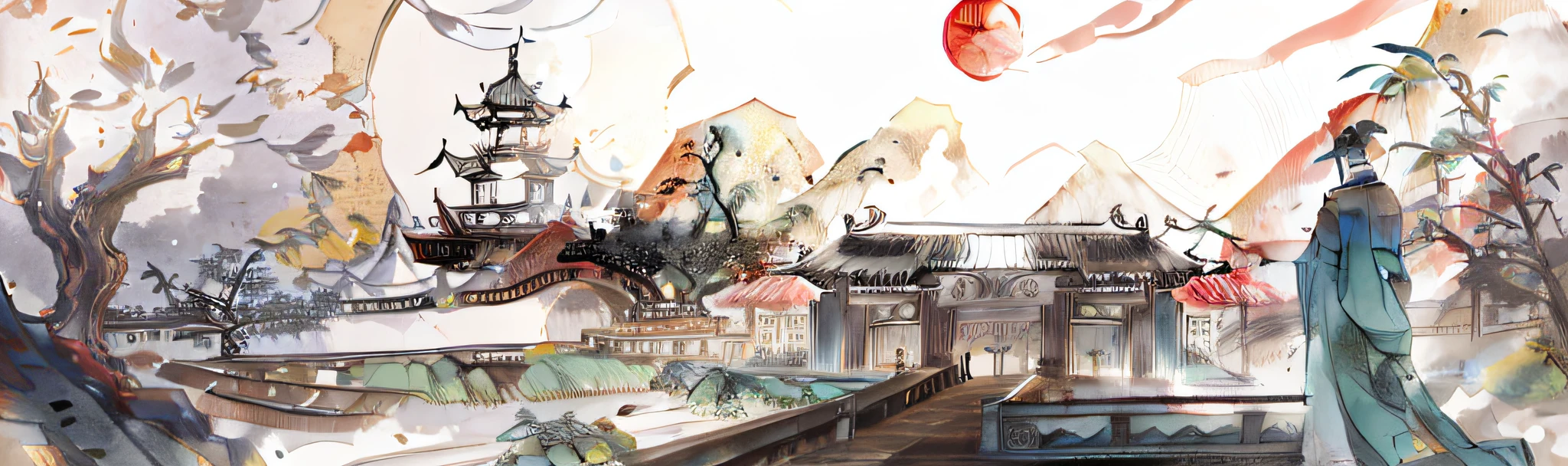 A man in a Chinese robe stands at the head of the bridge,Quaint,Game Icon Institute,correct, Reasonable structure,high resolution, Game icon,Weir structure,High quality, green trees,Red Wall,Best quality, Masterpiece, Chinese architecture, Mountains, Clouds, Waves, bamboo forrest,and harmonious,Chinese style,2D,Clear priorities, Fantasy style,k hd,Clear,8K