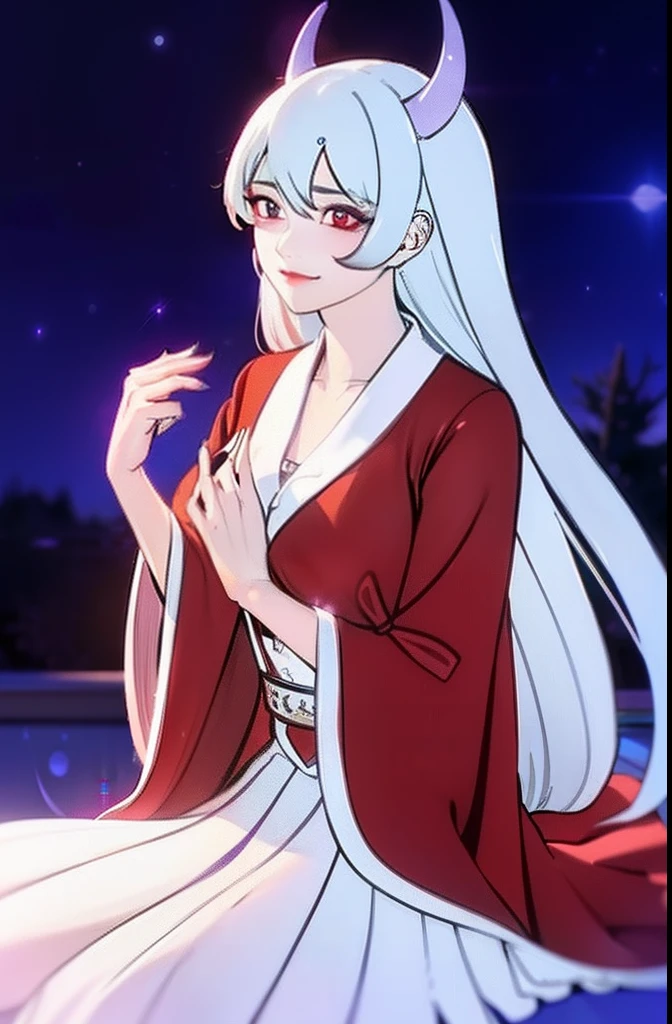 tmasterpiece，highest  quality，1girll，Girl looking up at the stars on the roof，red color eyes，White color hair，Magic Corner，Succubus Tail，Red antique robe