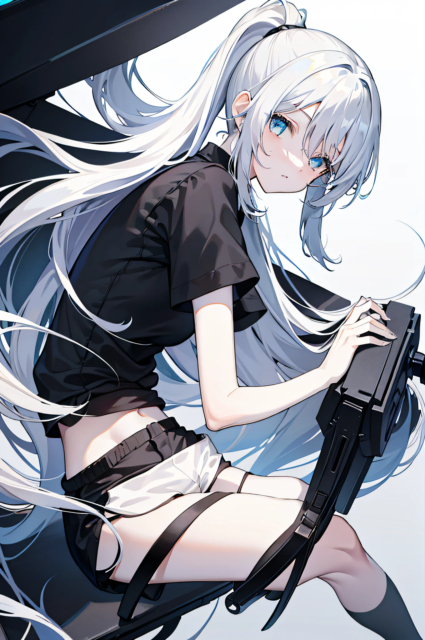 whaite hair,long whitr hair,High ponytail,Blue eyes,Black tunic,Black shorts,white short sleeve,