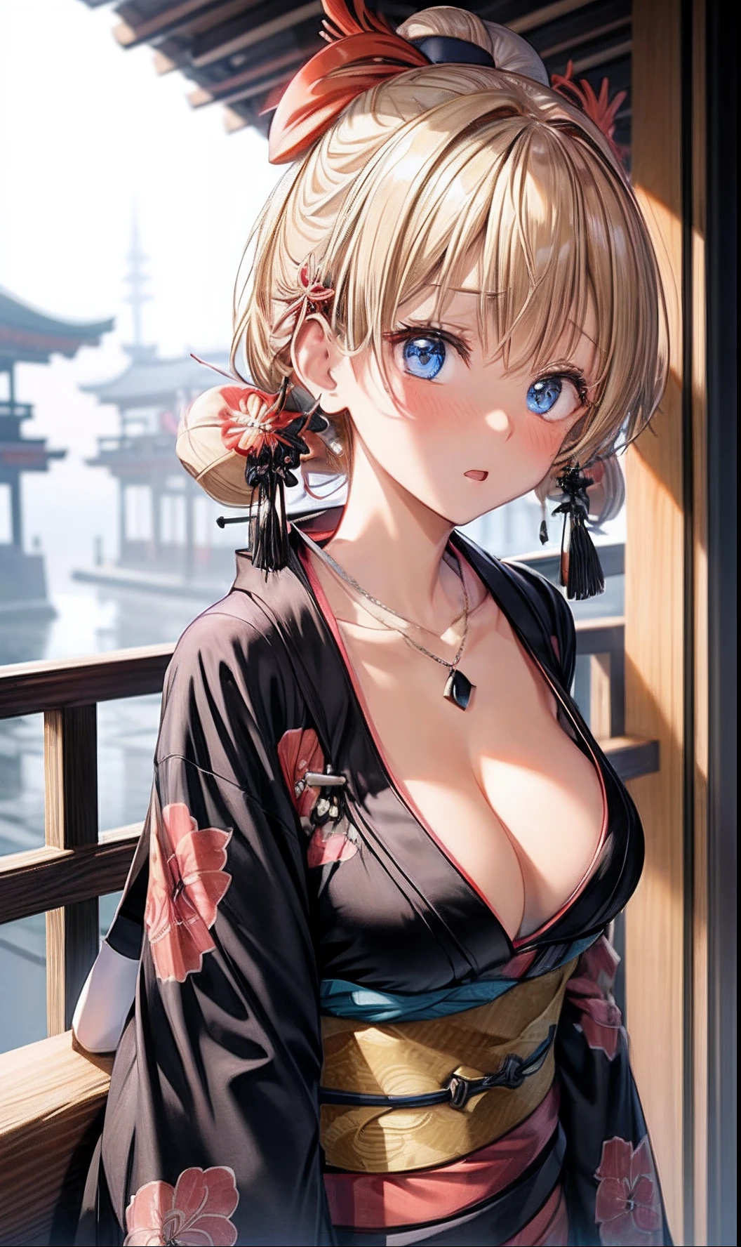 absurderes, ultra-detailliert,bright colour, extremely beautiful detailed anime face and eyes, view straight on, ;D, shiny_skin,25 years old, Short hair, , asymmetrical bangs, Blonde hair with short twin tails, Shiny hair, Delicate beautiful face, red blush、(deep blue eyes:1.3), White skin, hair clips, earrings, a necklace,(kimono:1.6),(Black bra:1.4), (Surprised:1.5),Beautiful Kyoto, Dusk sky,