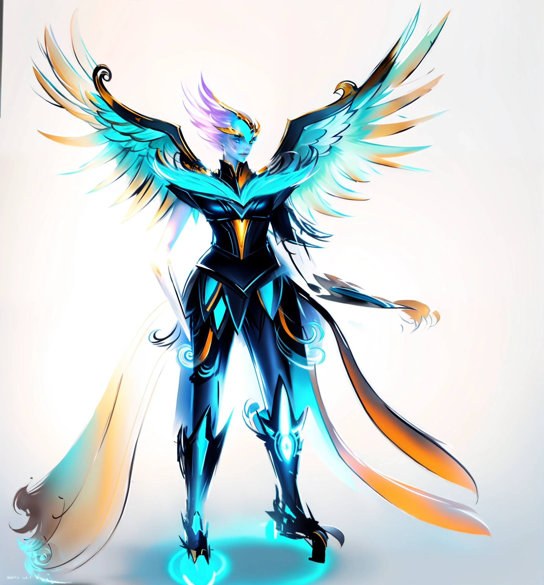 A woman with wings and a humanoid mech, detailed full-body concept,  full body concept, Phoenix styling elements, spirit fantasy concept art, COSPLAY costume concept design, complex fantasy character, finished concept art, ( ( concept art of character ) ),, bold lineart, fantasy painting of, concept art sketch