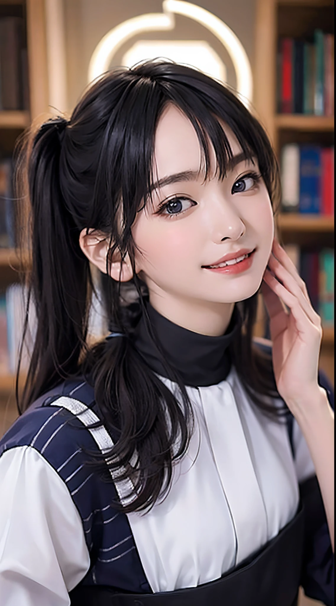 masterpiece、one beautiful women、A detailed face、A detailed eye、Detailed skin、top-quality、japanes、Illuminated from the front with bright lighting、profetional lighting、Always face straight ahead、The background is a little blurry、20yr old、Wearing a white blouse、a smile、The double teeth are cute.、A cyber library full of books、Hairstyle is Twintails、Some of the hair is green、The costume is a perfect futuristic battlesuit(Like Evangelion)、