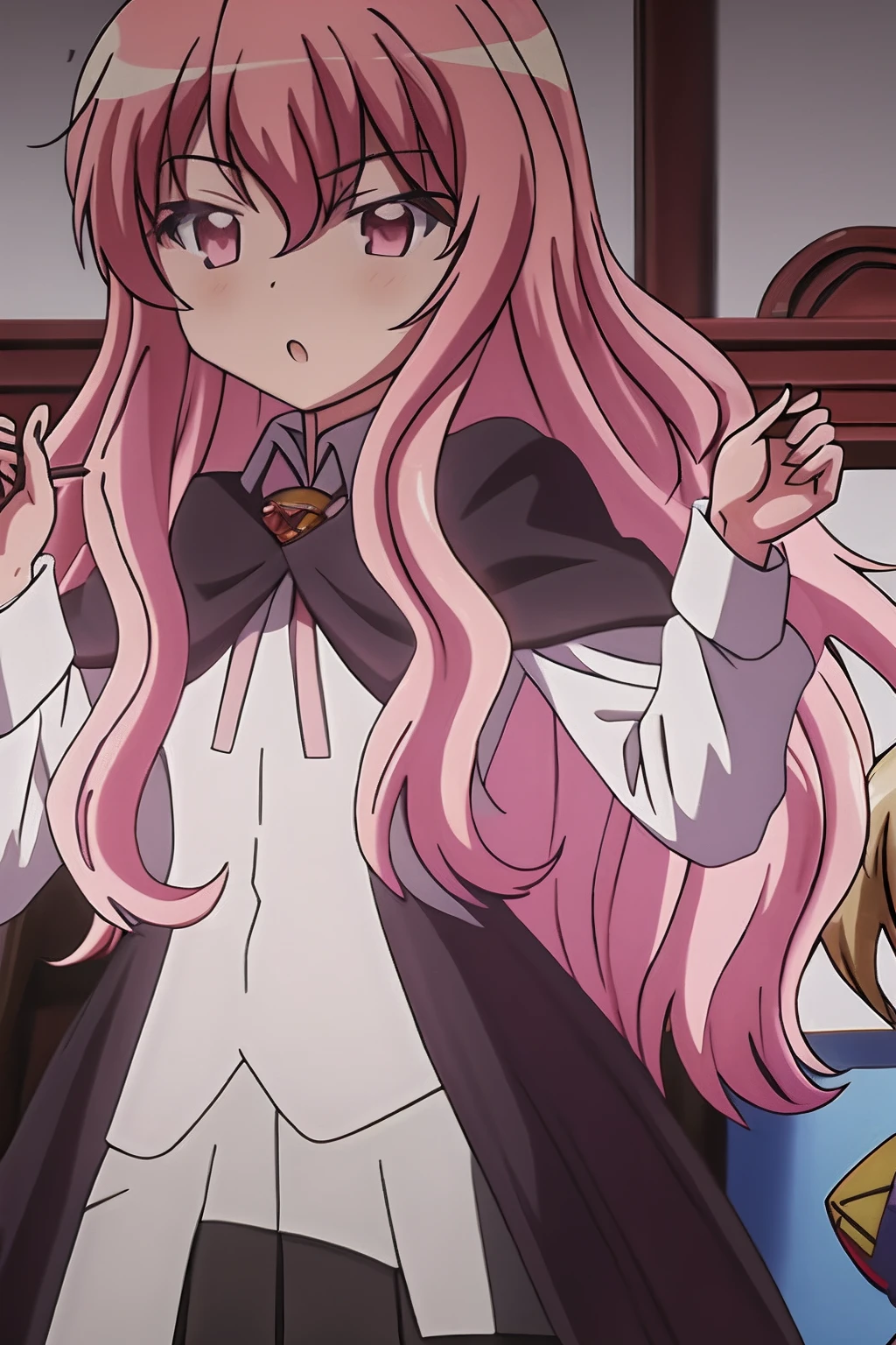 Louise , uniforme escolar, capa , haciendo magia, hechizo, varita, louise hechizando, cielo azul