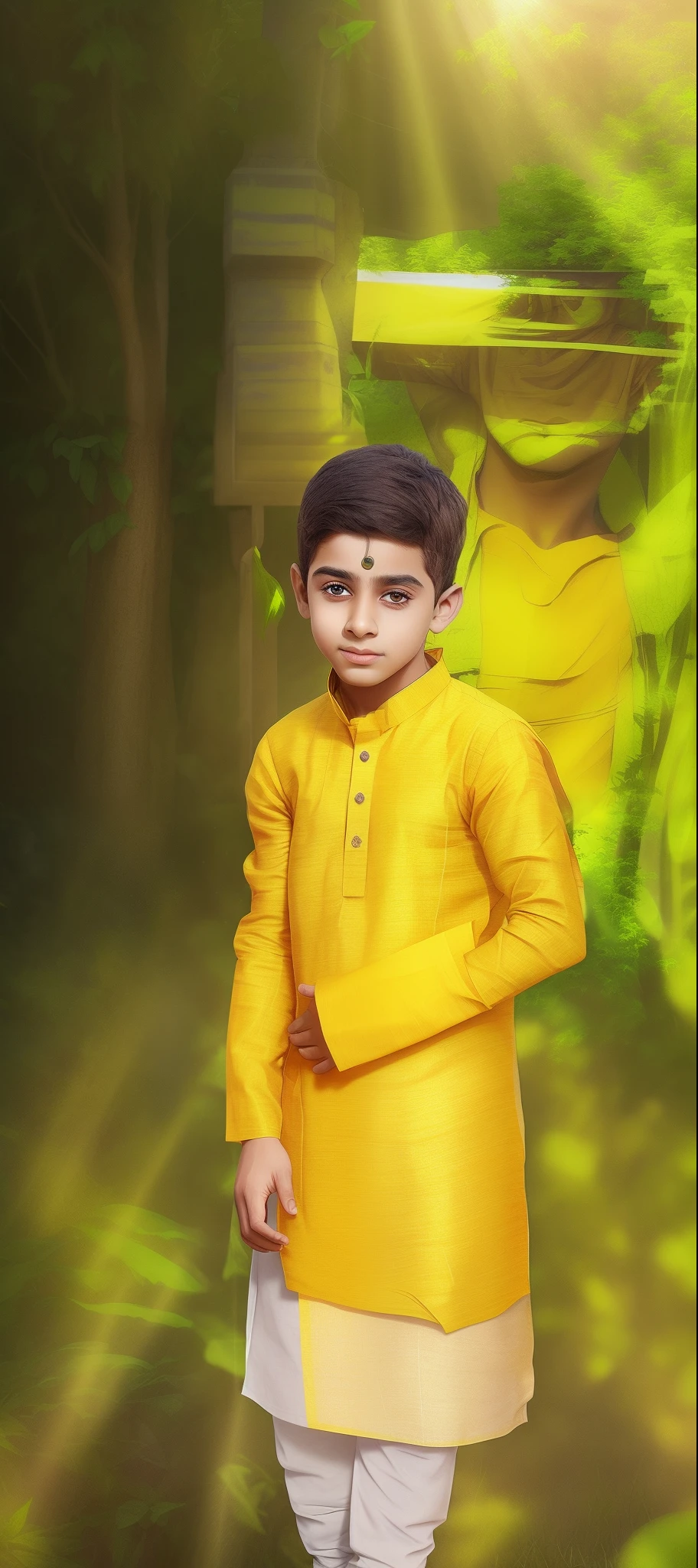 Realistic photography boy wearing yellow kurta and sun rays background some plants trees green.. , realistic