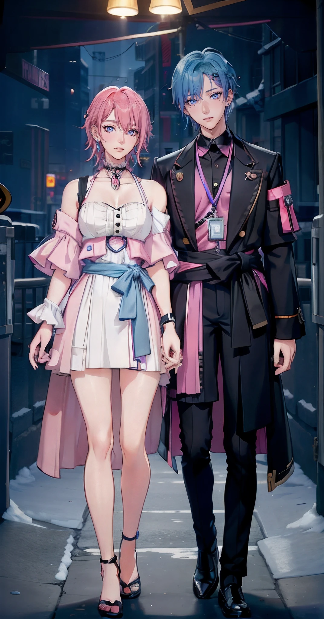 ((Male and female couples)), Idol couple, Idol Photos, Magazine covers, Photos of actors, Professional Photos, Height difference, tall male, Happiness, youthfulness, extra detailed face, detailed punk hair, very detailed character, inspired by Sim Sa-jeong, single realistic face, Cai Xukun's, detailed realistic faces, highly detailed realistic face, high detailed face anime, realistic detailed face, Accurate detailed face, attractive androgynous humanoid, Black Casual Idol Costume, ((Man with light blue hair)), ((Woman with pink hair)), ((Woman with long hair below waist)), ((Man with short hair over ears)), ((Pink hair woman with gentle expression)), ((Man with light blue hair with wild expression)), high-level image quality, masterpiece, Photographed so that the whole body can be seen, Photographed to make clothes look beautiful, Take your eyes off, ((two individuals)), ((British couple))
