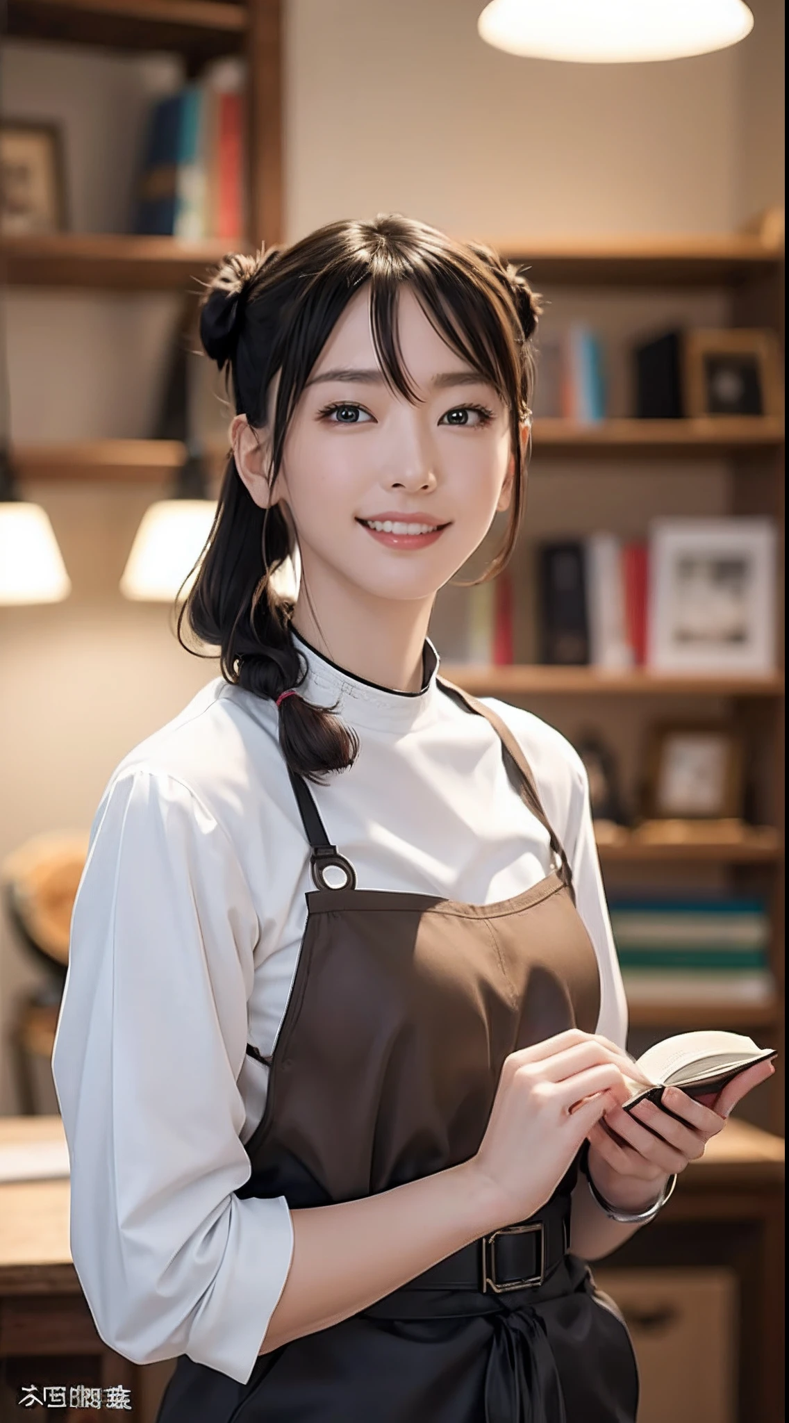 masterpiece、one beautiful women、A detailed face、A detailed eye、Detailed skin、top-quality、japanes、Illuminated from the front with bright lighting、profetional lighting、Always face straight ahead、The background is a little blurry、20yr old、Wearing a white blouse、a smile、The double teeth are cute.、A cyber library full of books、Hairstyle is Twintails、Some of the hair is green、The costume is a perfect futuristic battlesuit(Like Evangelion)、