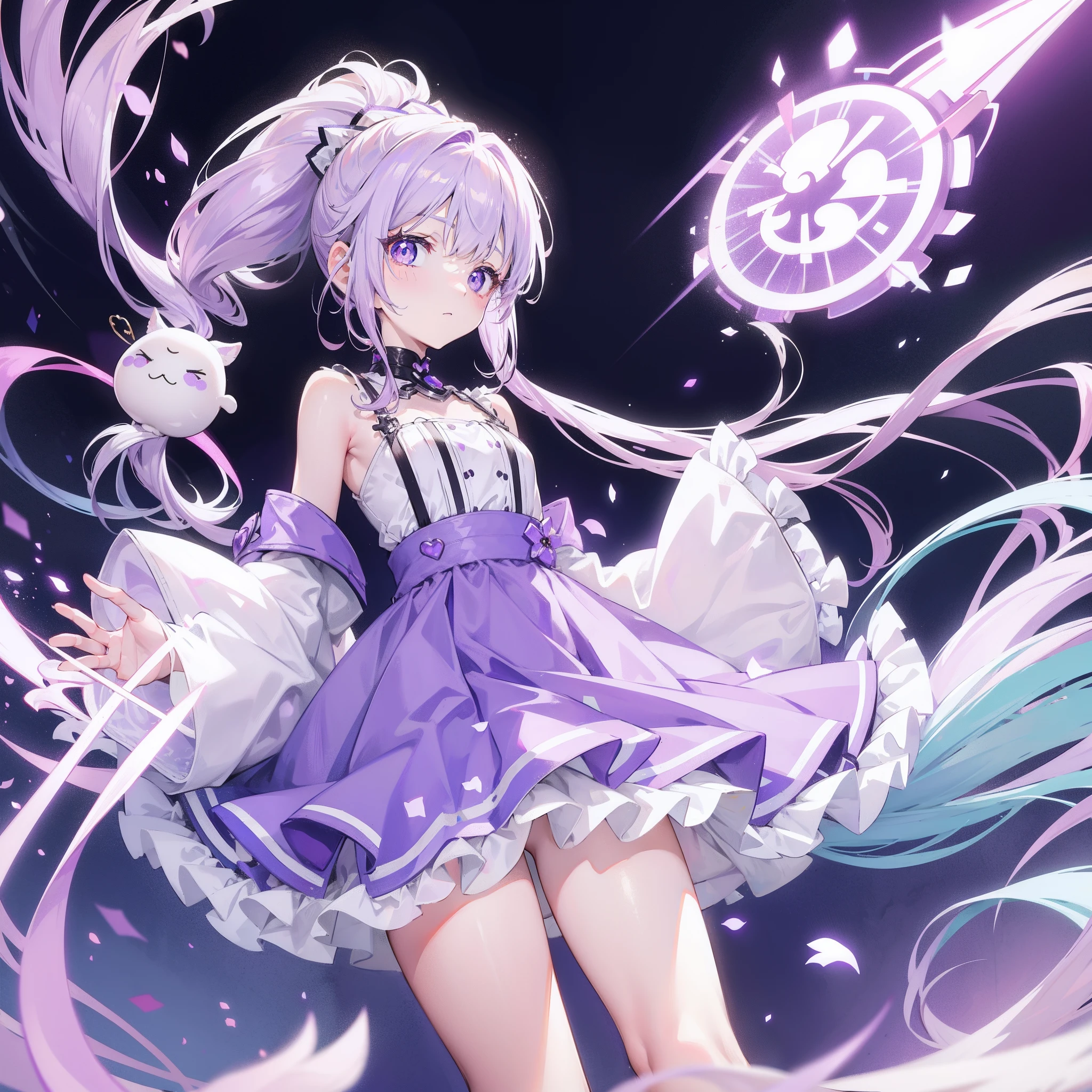 Lilac hair and ponytail，Milky white and bright light purple pupils and clothes，Petite figure，Very small, Sweet loli，It's a fluffy girl
