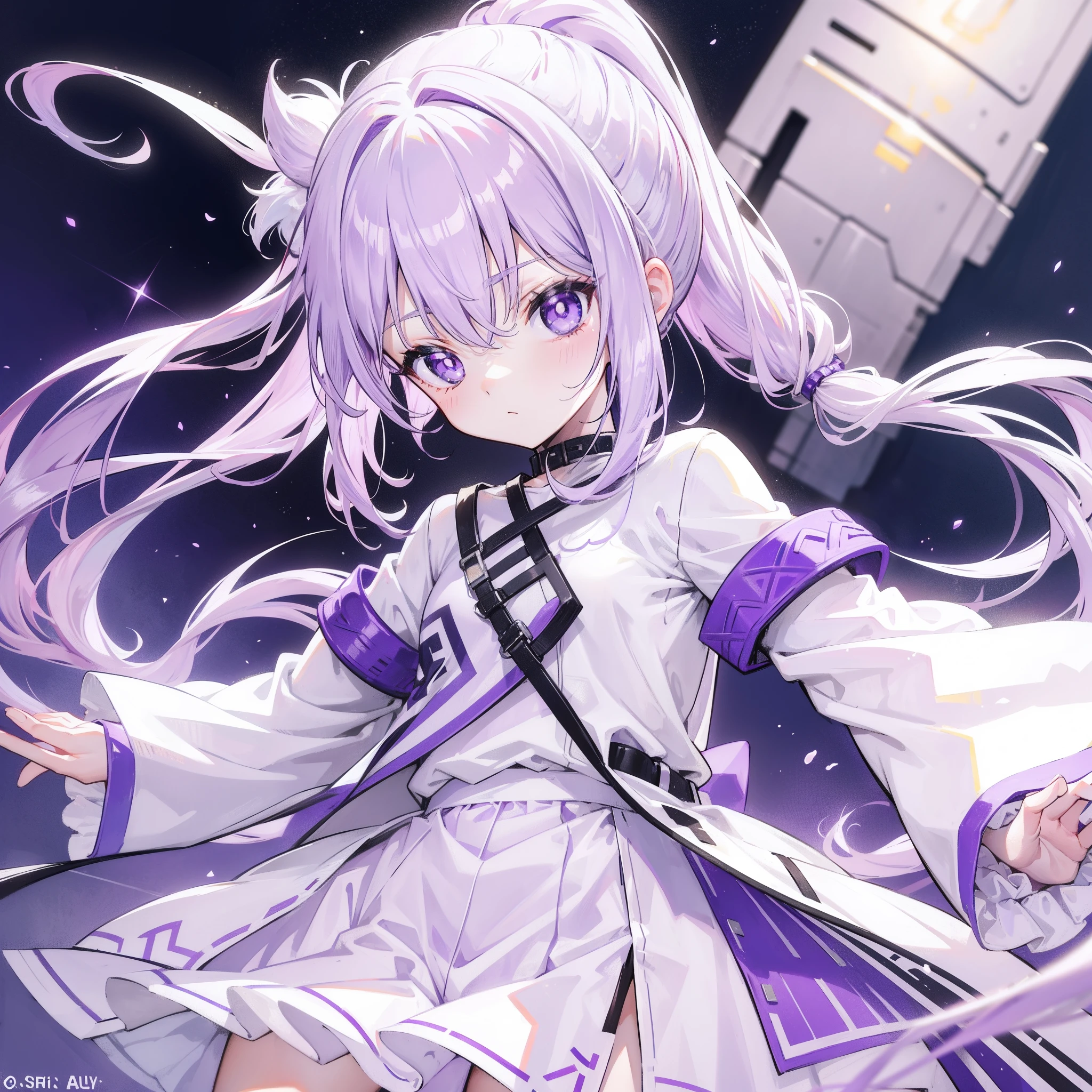 Lilac hair and ponytail,Milky white and bright light purple pupils and clothes,Petite figure,Very small, a sweet loli,It's a soft girl