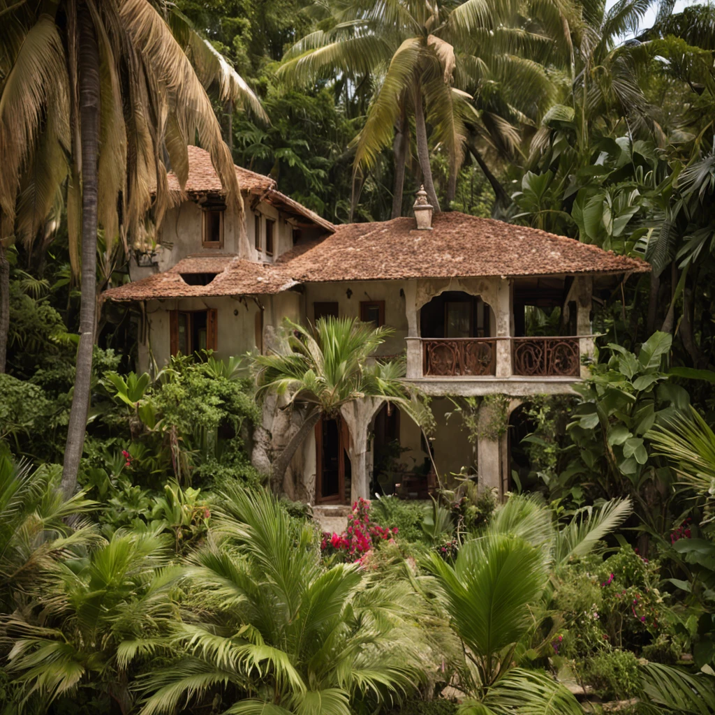 Tropical beach with small Italian house on the tropical island, vibrance, lush jungle in the back