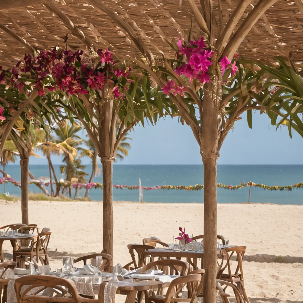 Tropical beach with wooden pergola at sunset with vibrance in a flower garden with Italian village with small restaurants