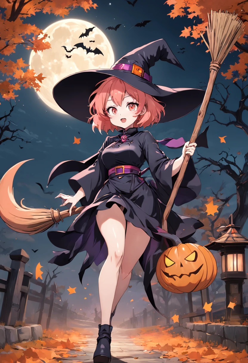 Full body Japanese Anime girl Halloweeen witch riding witch broom front of orenge full moon and tree, bats flying around, 1girl, sexy, smirking, pink hair, green eyes, wearing witch hat and witch outfit, sexy outfit, masterpiece,Vector 2D, Black outline, No background