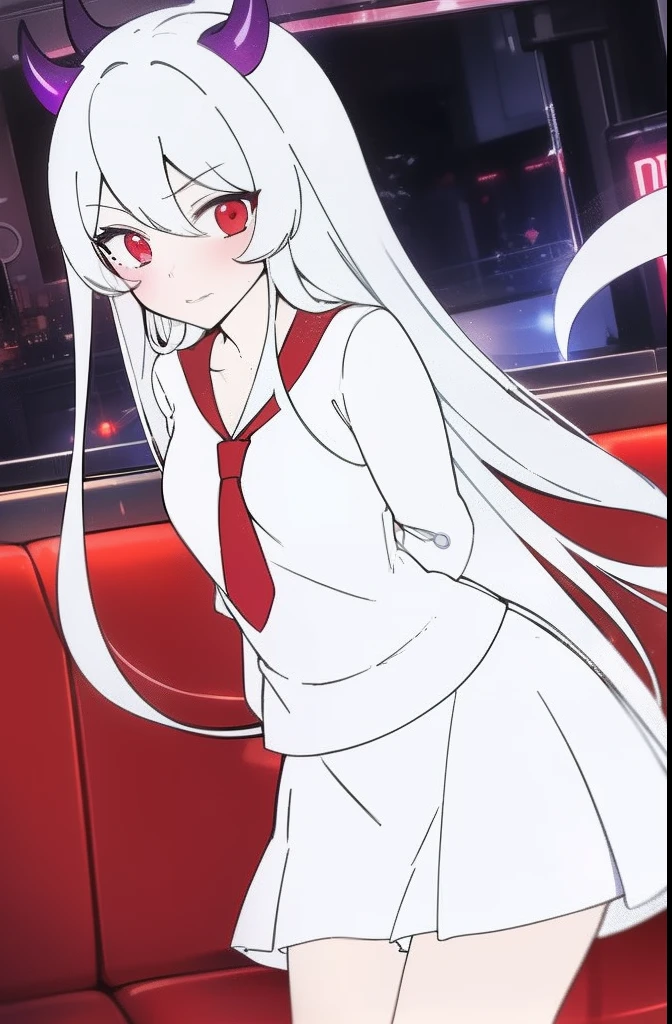 tmasterpiece，highest  quality，1girll，in a subway，red color eyes，Long hair in white color，Magic Corner，Succubus Tail