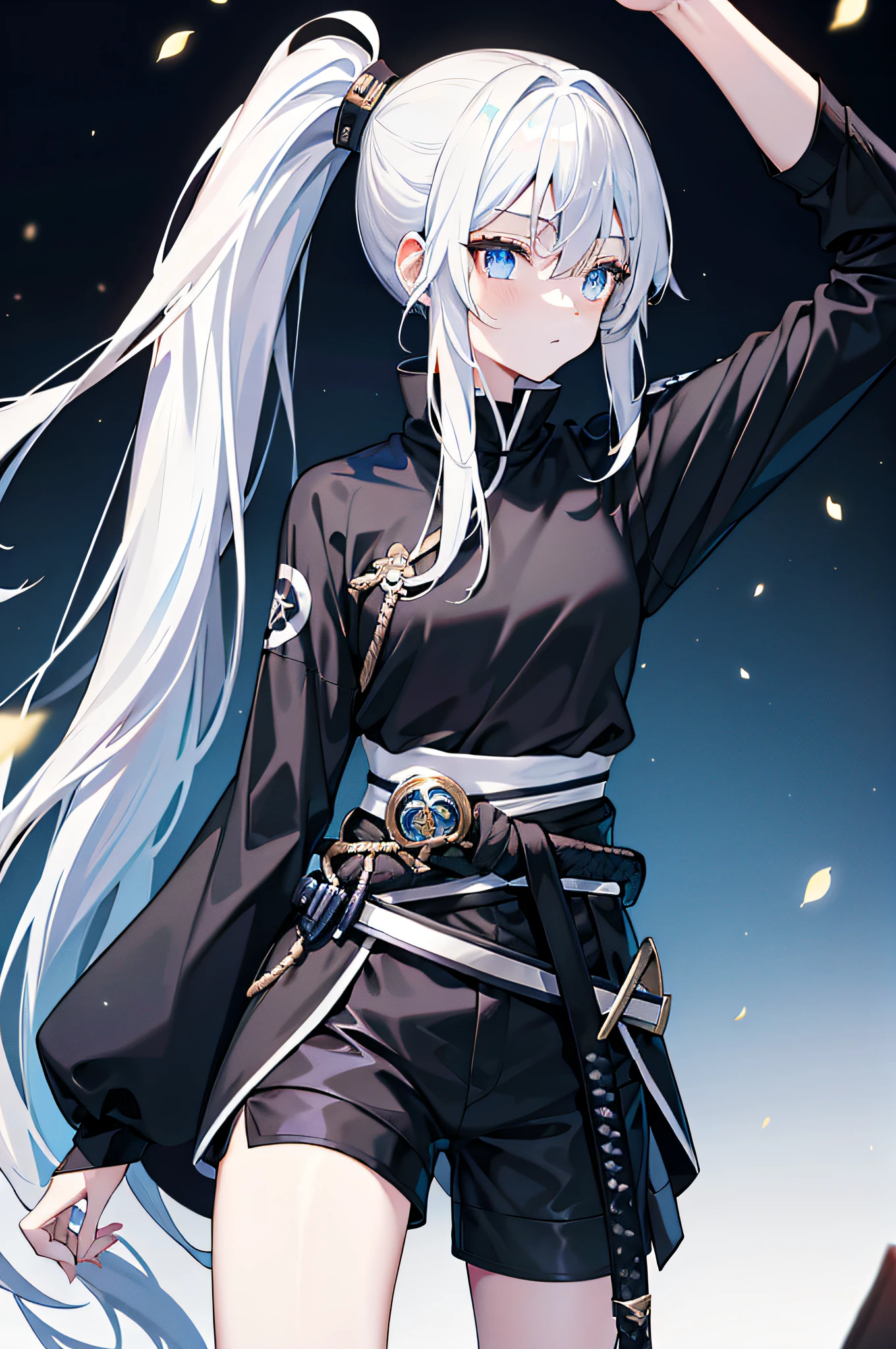 whaite hair，long whitr hair，High ponytail，Blue eyes，Black tunic，Black  shorts，white short sleeve，Katana at the waist