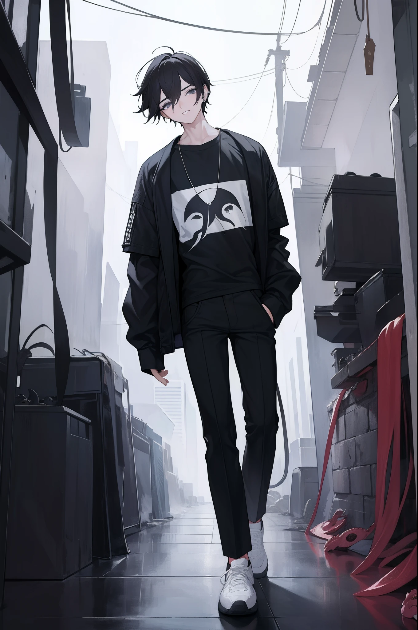 masterpiece, high quality, ultra detailed, 1man, solo, adult man, dark black short hair, his bangs cover his eye, mole under the lips, dark black eyes, grin mouth, white jacket, black T-shirt, black pants, white shoes, full body, Hirofumi Yoshida(chainsaw man), some octopus's arms behind his back, lots of piercings on his left ear, long slim legs, dynamic angle, dark back alley, (perfect five fingers 1.1)