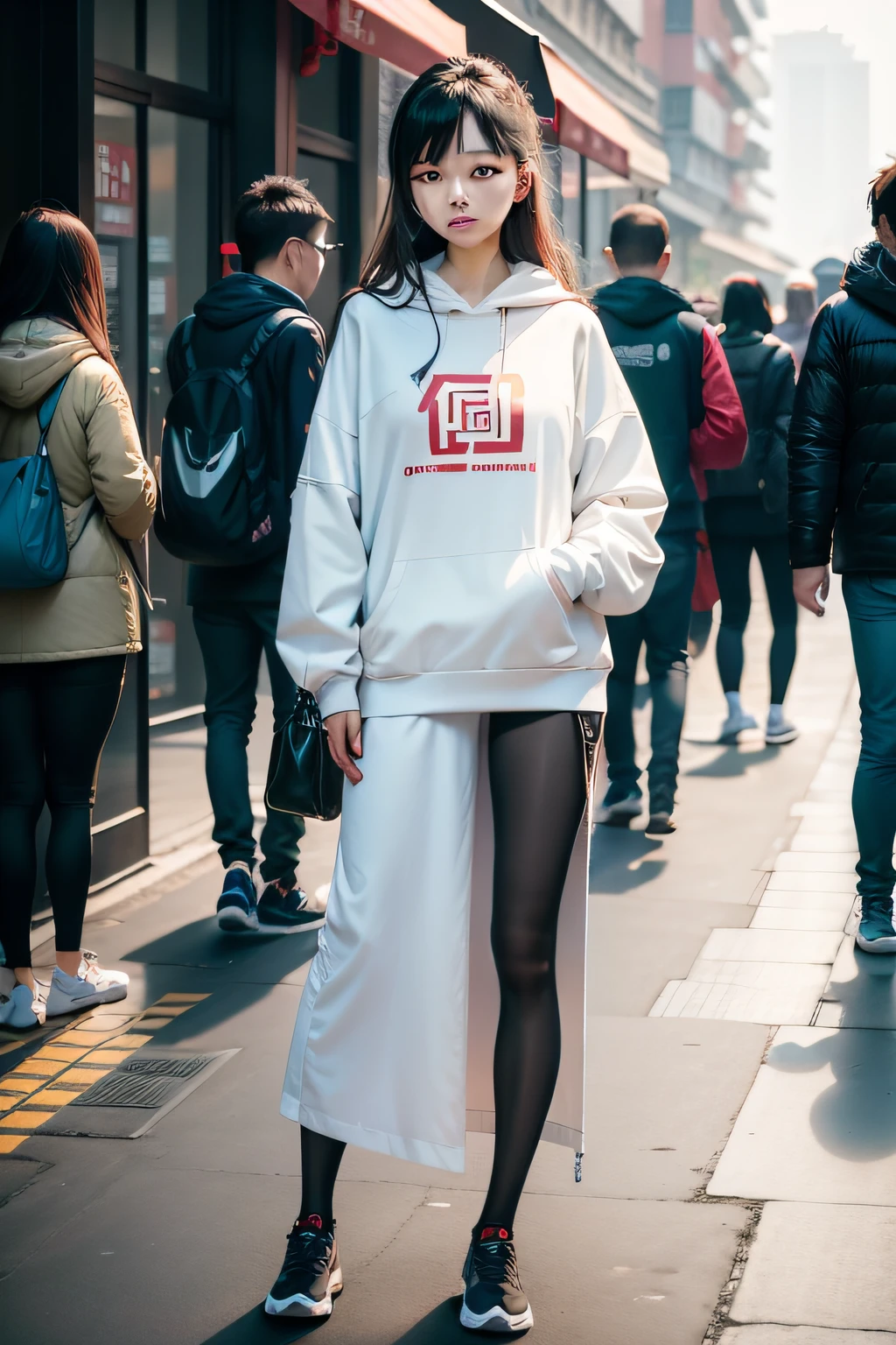 full-body shot of a chinese female model wearing a comfortable sweatshirt, shanding, in the shanghai 2021 streetportrait, photo, shot from a low angle using Canon EOS R5'camera with a standard lens to capture the model's entire outfit and showase her height of 168cm --v5