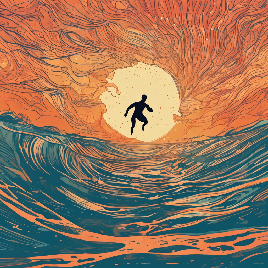 A serene ocean with a person diving deep, surrounded by a radiant glow, symbolizing the journey of self-discovery.