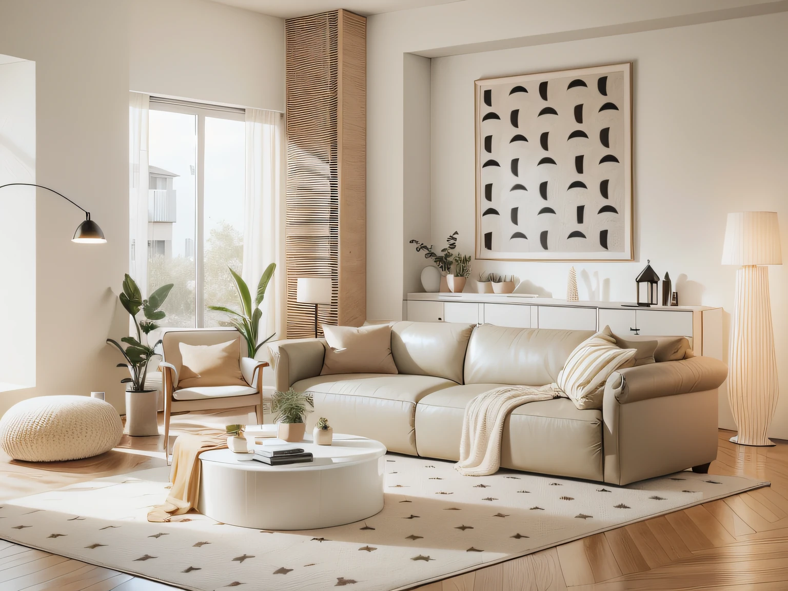 there is a living room with a couch, chair, coffee table and a lamp, cozy contemporary living room, cream - colored room, white soft leather model, cozy living room background, placed in a large living room, cozy living room interior, Modern living room, Fundo sala de estar, living room wall background, sand - colored walls, Have in the living room, beige color scheme