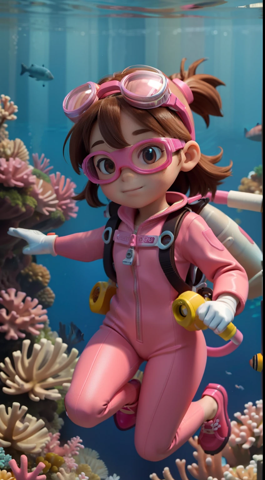 "High quality, masterpiece, 5-year-old little girl, brown hair, pink diving suit, diving goggles, pink diving gloves, pink diving shoes, swimming towards the camera, underwater, coral reef, fish."