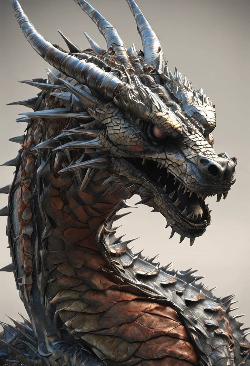 1 mechanical dragon，（（hyper realistic detailed）），sportrait，globalillumination，shadowing，rendering by octane，8k，Super sharp，metals，复杂，Decorations detailed，cool colours，egypician detail，highly intricate detail，realistic raytraicing，CGSociety trends，glowing light eyes，facing at the camera，neon light detail，Mechanical limbs，blood vessels attached to the tube，A mechanical vertebrae attached to the back，Mechanical cervical connection of the neck，sitted，wires and cables connecting to head