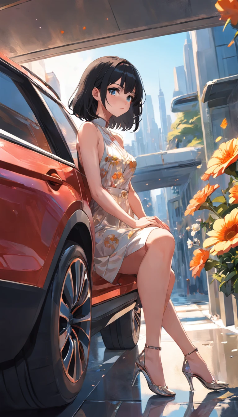 An SUV opens the passenger door,wide - angle shot,closeup cleavage,A black-haired, half-race beauty sticks out a foot from the co-pilot,Flowers filled the car,Flowers stretched from the outside of the car,Modern architectural background,Realistic painting style