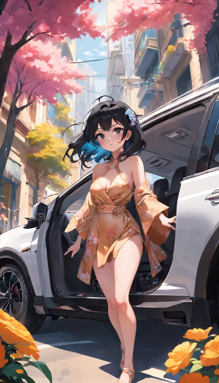 An SUV opens the passenger door，wide - angle shot，closeup cleavage，A black-haired, half-race beauty sticks out a foot from the co-pilot，Flowers filled the car，Flowers stretched from the outside of the car，Modern architectural background，Realistic painting style