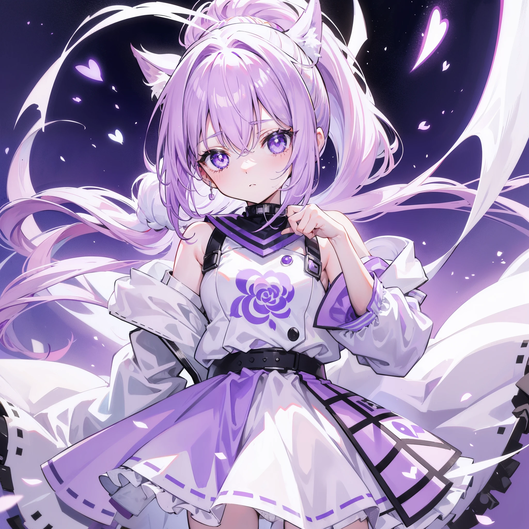 Lilac hair and ponytail,Milky white and bright light purple pupils and clothes,Petite figure,Very small, a sweet loli,It's a soft girl