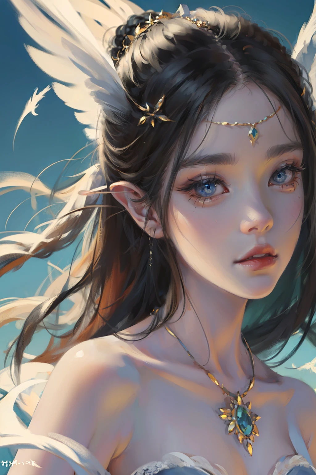 Portrait of a bust, elf, (best quality, 8K, masterpiece: 1.3), petite body, (beautiful and detailed eyes), (super detail), (desktop wallpaper), beautiful face, (detailed face), clear facial features, human ears, ray luminescence, optical, panoramic illumination, atmospheric perspective, dawn, anti-aliasing: 5D, light painting, color, perfect body beauty: 1.4 , huge wings, symmetrical transparent wings, stunning details, (dynamic pose), bathing in lake water, , gentle sunshine, A faint mist of water, huge wings enveloping the body