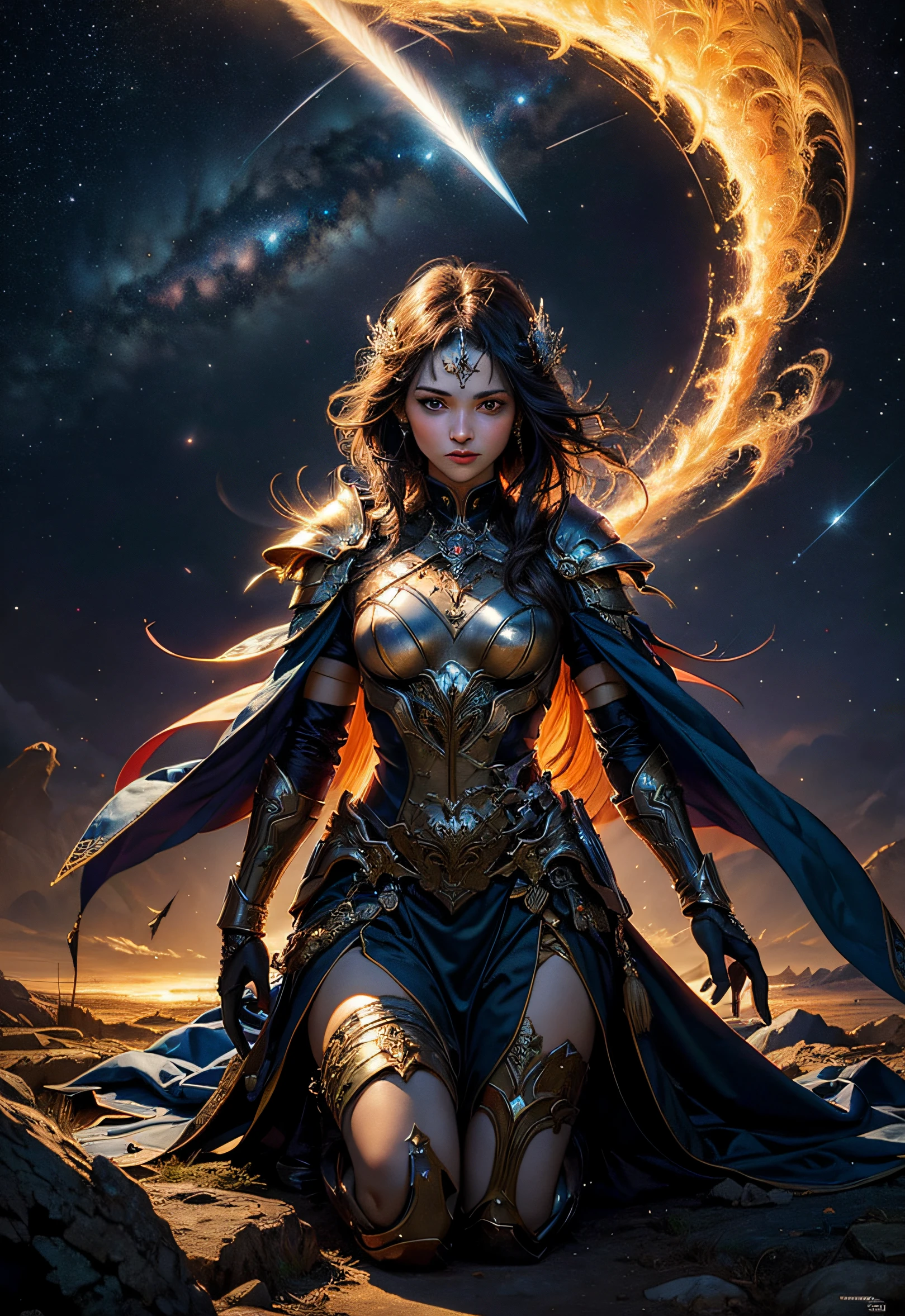 A woman in a form-fitting leather armor, intricately detailed with luxurious and futuristic designs, stands confidently in the foreground. Her cape billows behind her as she holds a blue laser sword. She leads a group of dragon riders through a desert landscape with large sand dunes under a sky filled with stars and galaxies.