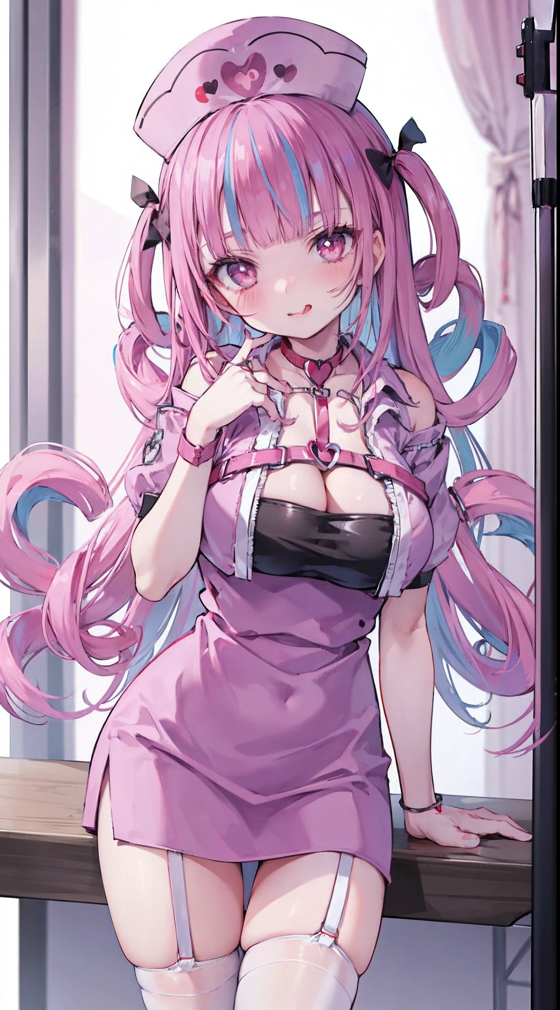 High detail, Heart-shaped pupils,Nurse hat,cleavage,Collar,Love pupils,cropped shoulders,Red Cross,Slender maiden,highly rendered,detailed face with,white stockings,Stick out your tongue,standing on your feet,